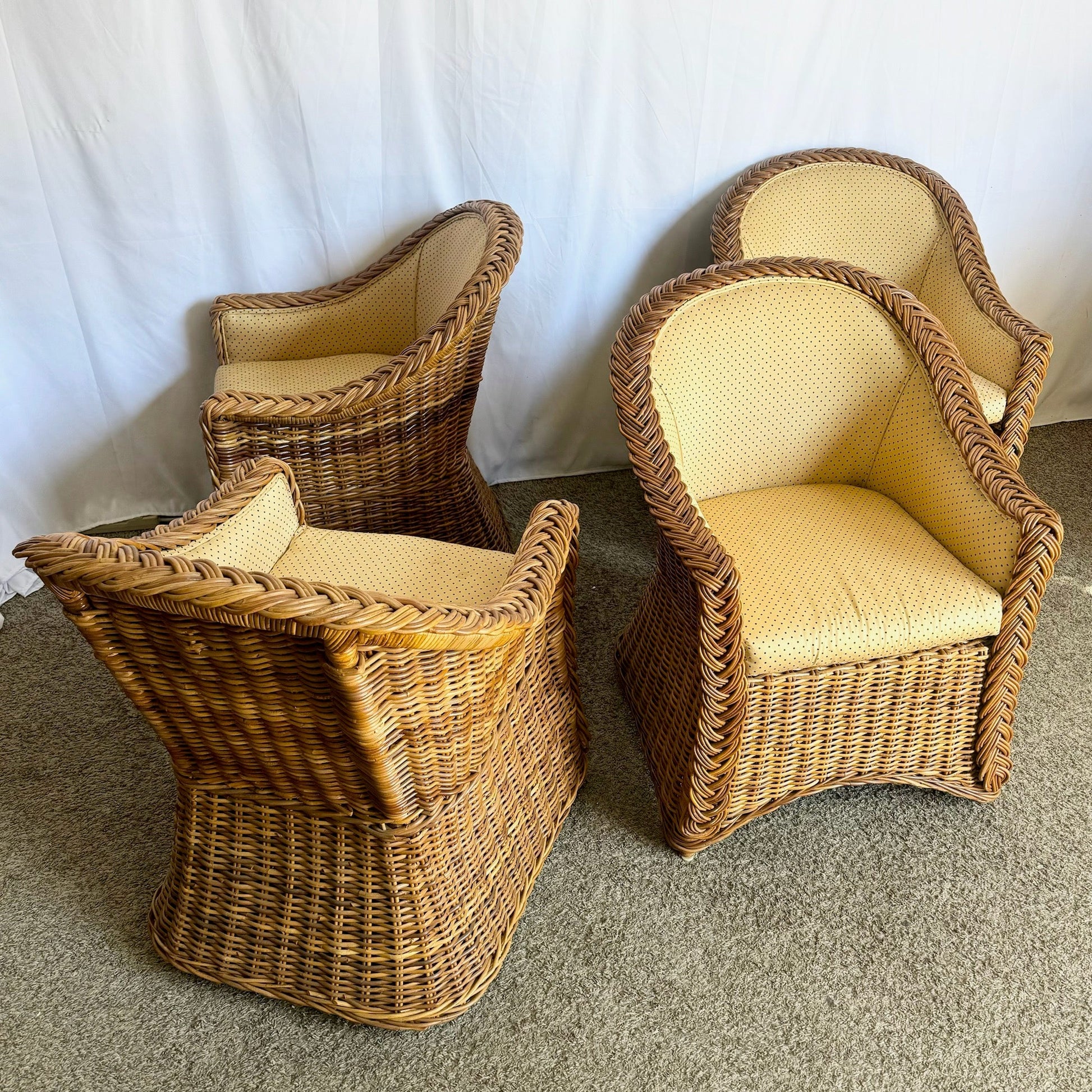 Vintage Boho Chic Woven Wicker Dining Arm Chairs - Set of 4 - Dolphin & Flamingo