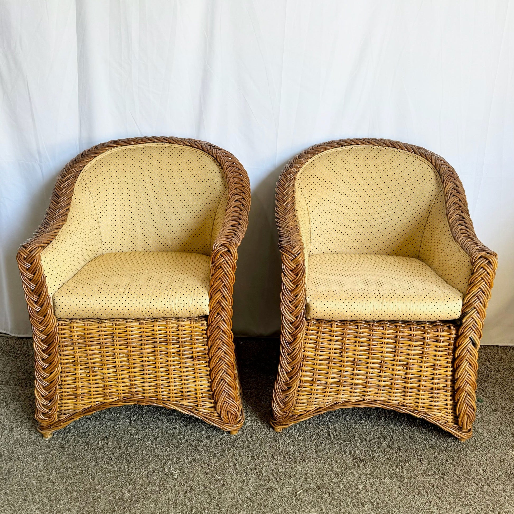 Vintage Boho Chic Woven Wicker Dining Arm Chairs - Set of 4 - Dolphin & Flamingo