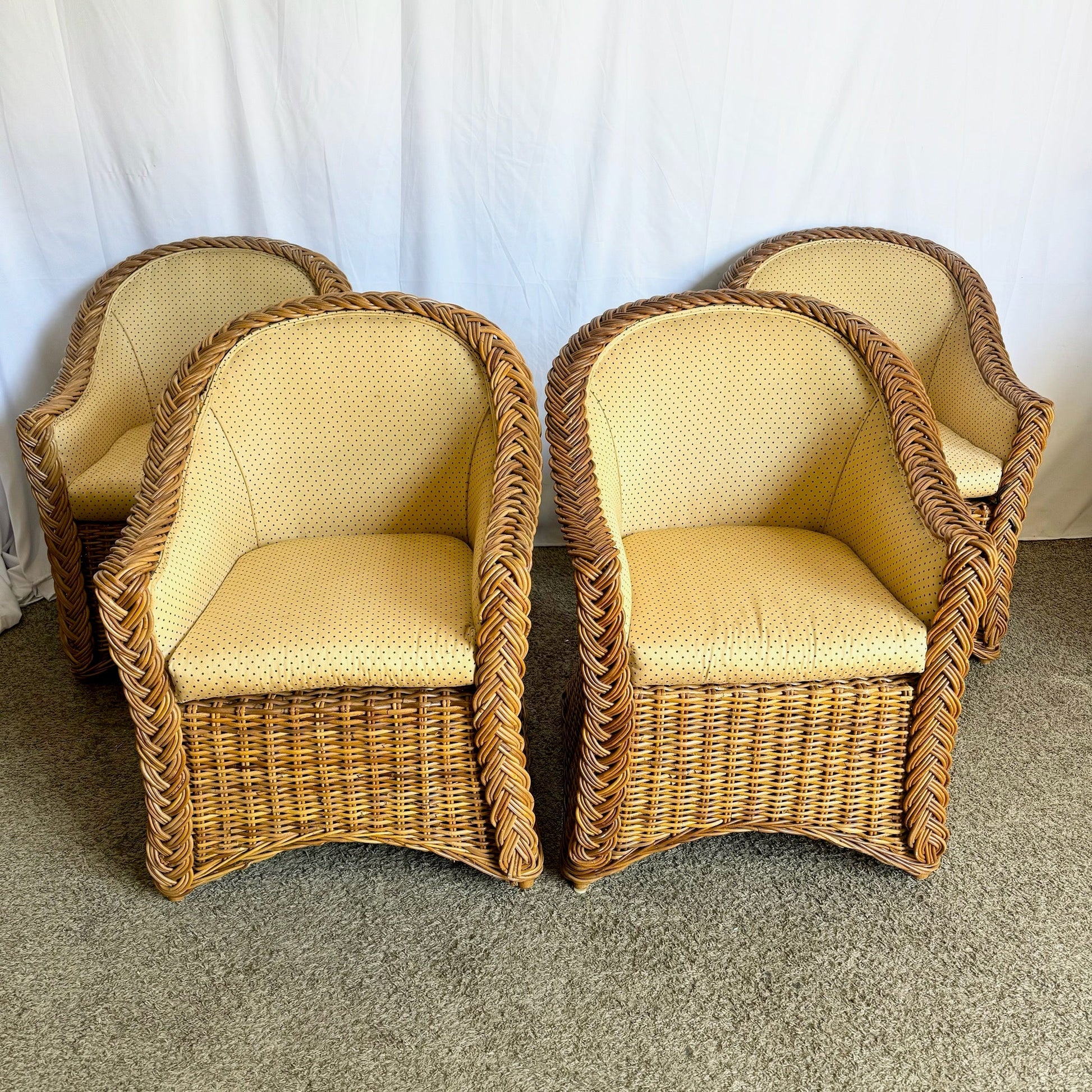 Vintage Boho Chic Woven Wicker Dining Arm Chairs - Set of 4 - Dolphin & Flamingo