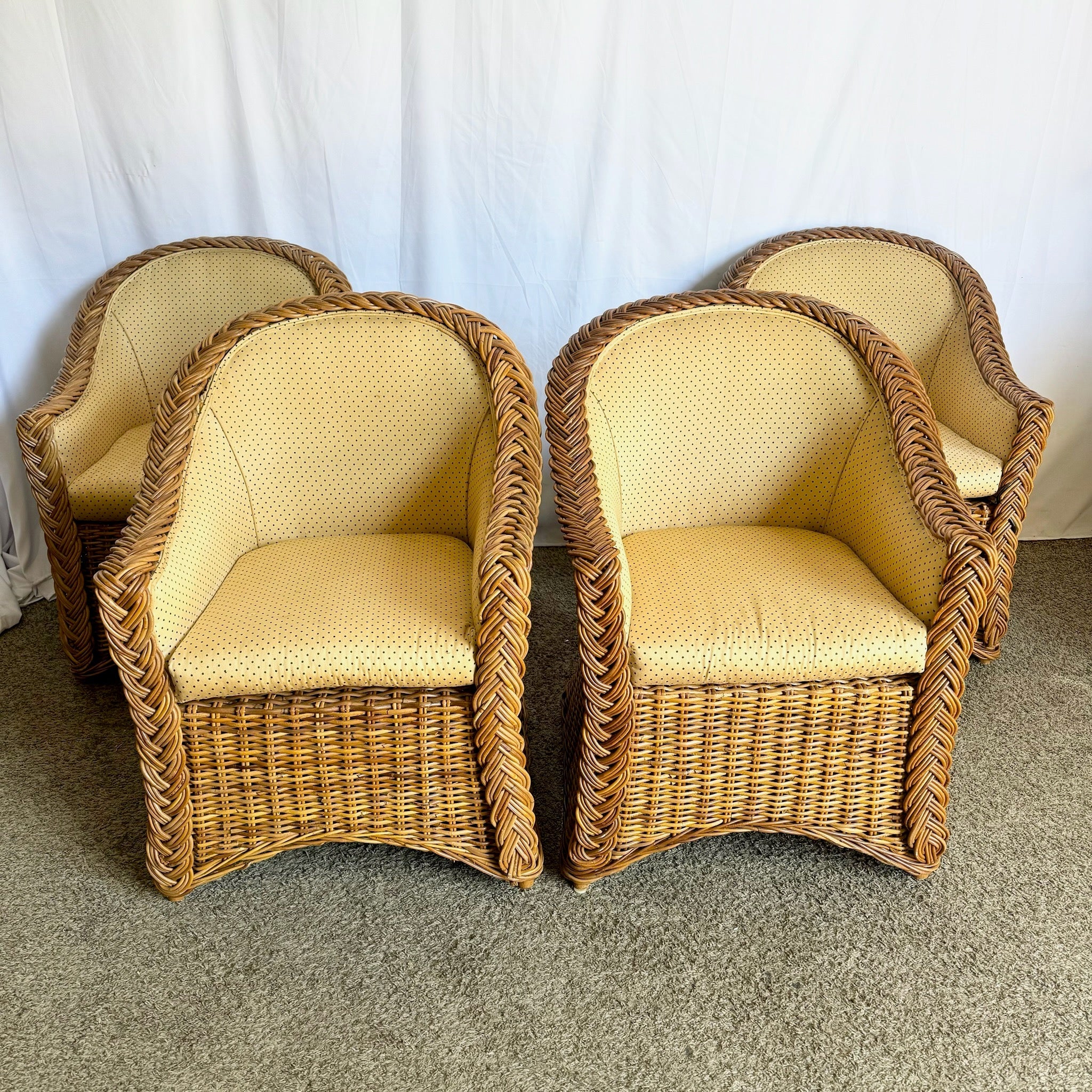 Vintage Boho Chic Woven Wicker Dining Arm Chairs - Set of 4 - Dolphin & Flamingo