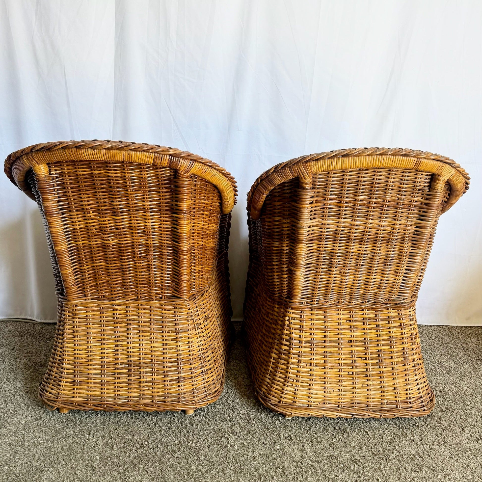Vintage Boho Chic Woven Wicker Dining Arm Chairs - Set of 4 - Dolphin & Flamingo