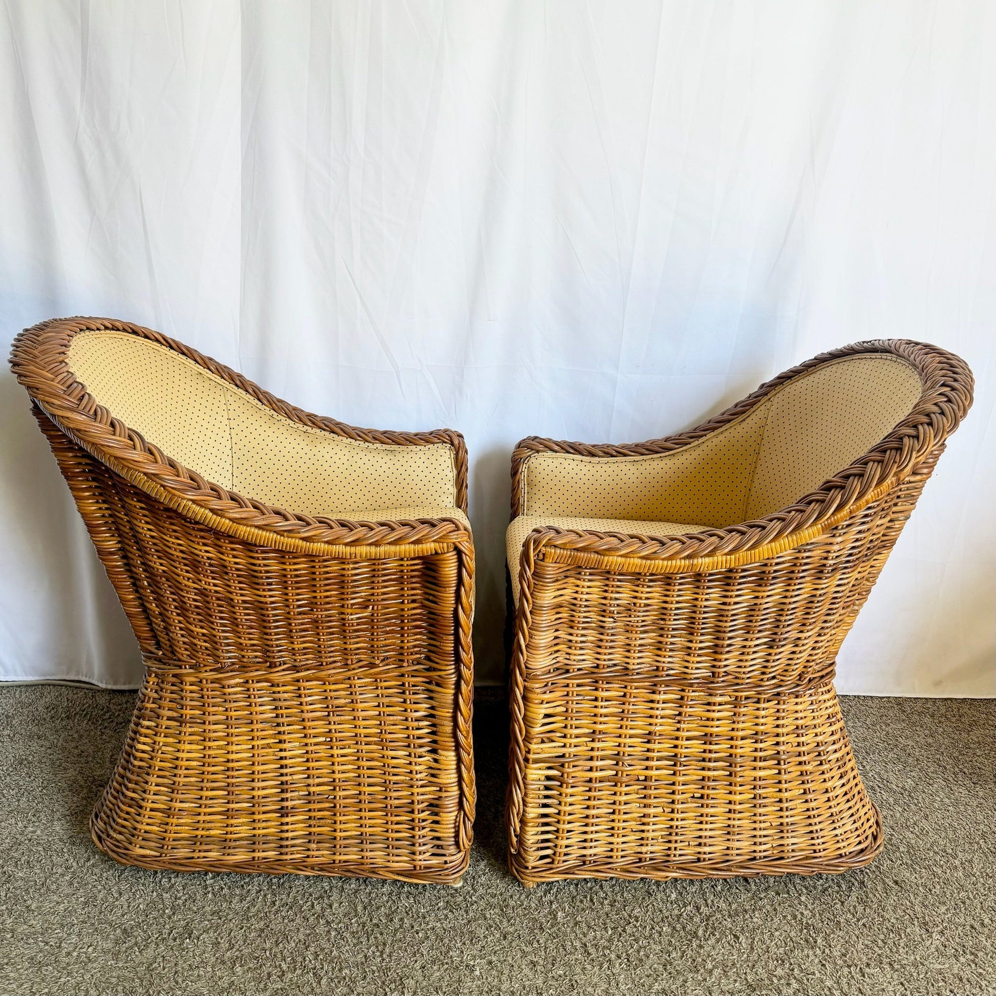 Vintage Boho Chic Woven Wicker Dining Arm Chairs - Set of 4 - Dolphin & Flamingo
