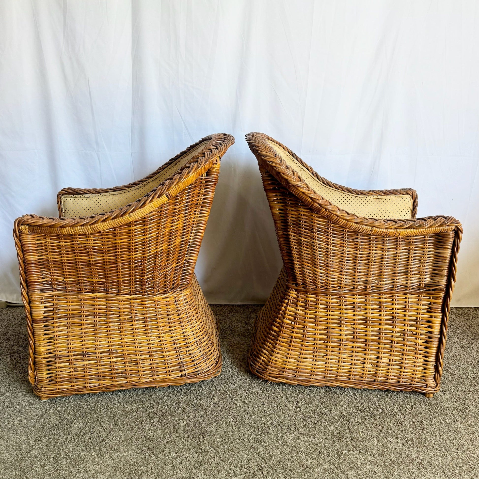 Vintage Boho Chic Woven Wicker Dining Arm Chairs - Set of 4 - Dolphin & Flamingo