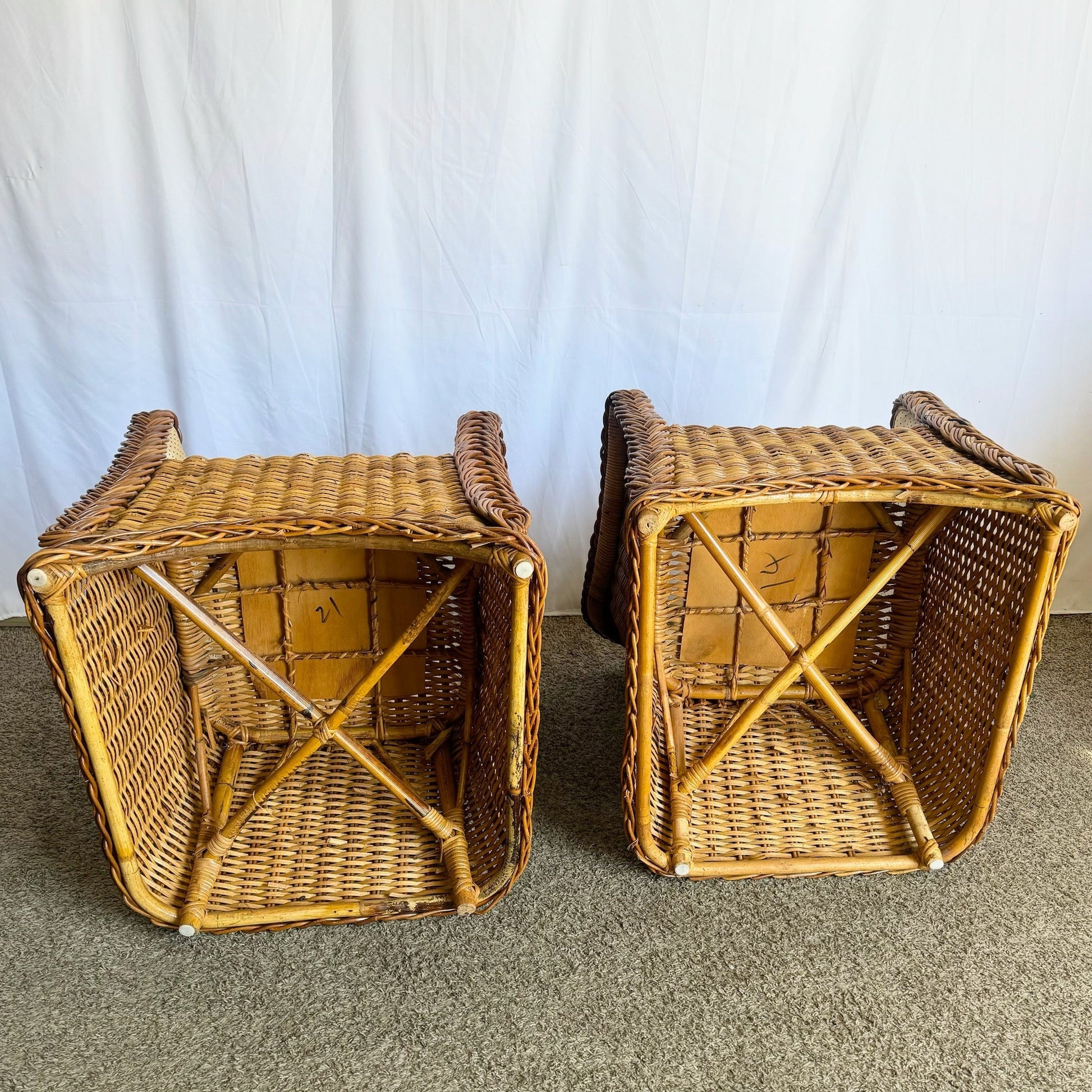 Vintage Boho Chic Woven Wicker Dining Arm Chairs - Set of 4 - Dolphin & Flamingo