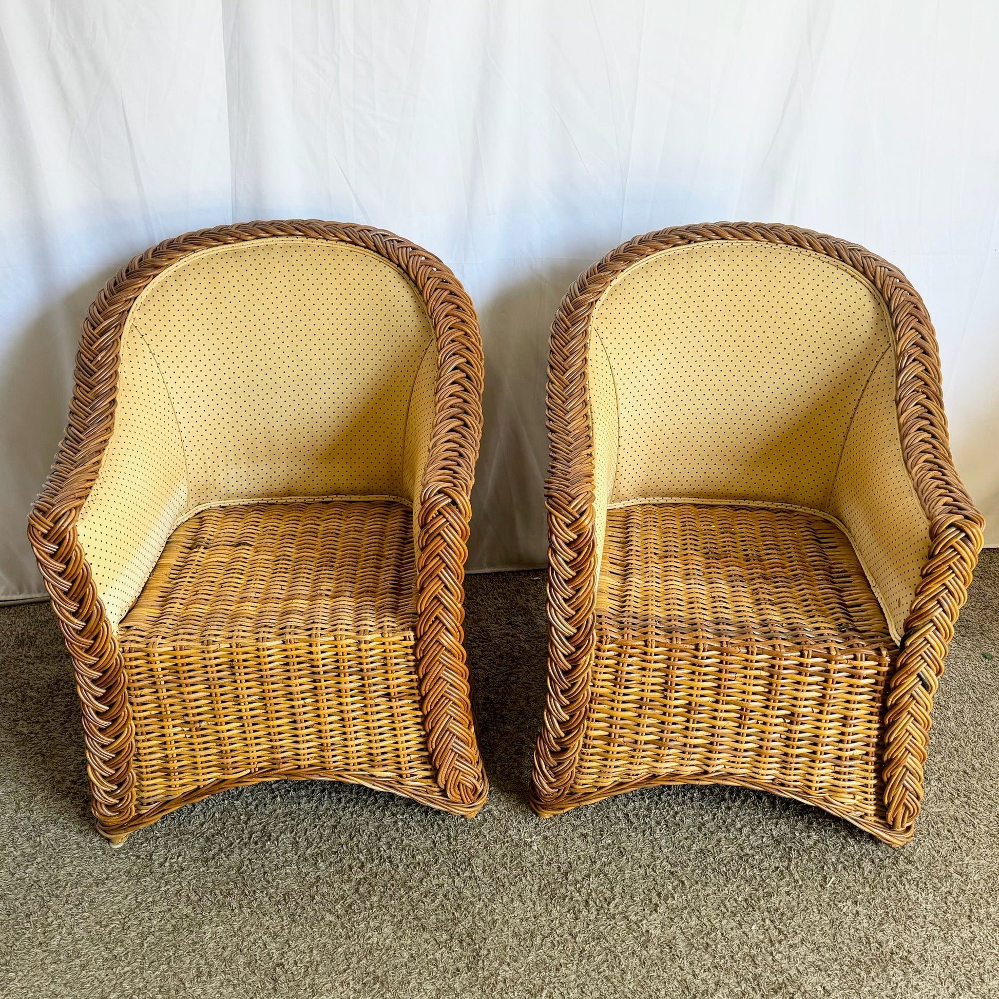Vintage Boho Chic Woven Wicker Dining Arm Chairs - Set of 4 - Dolphin & Flamingo