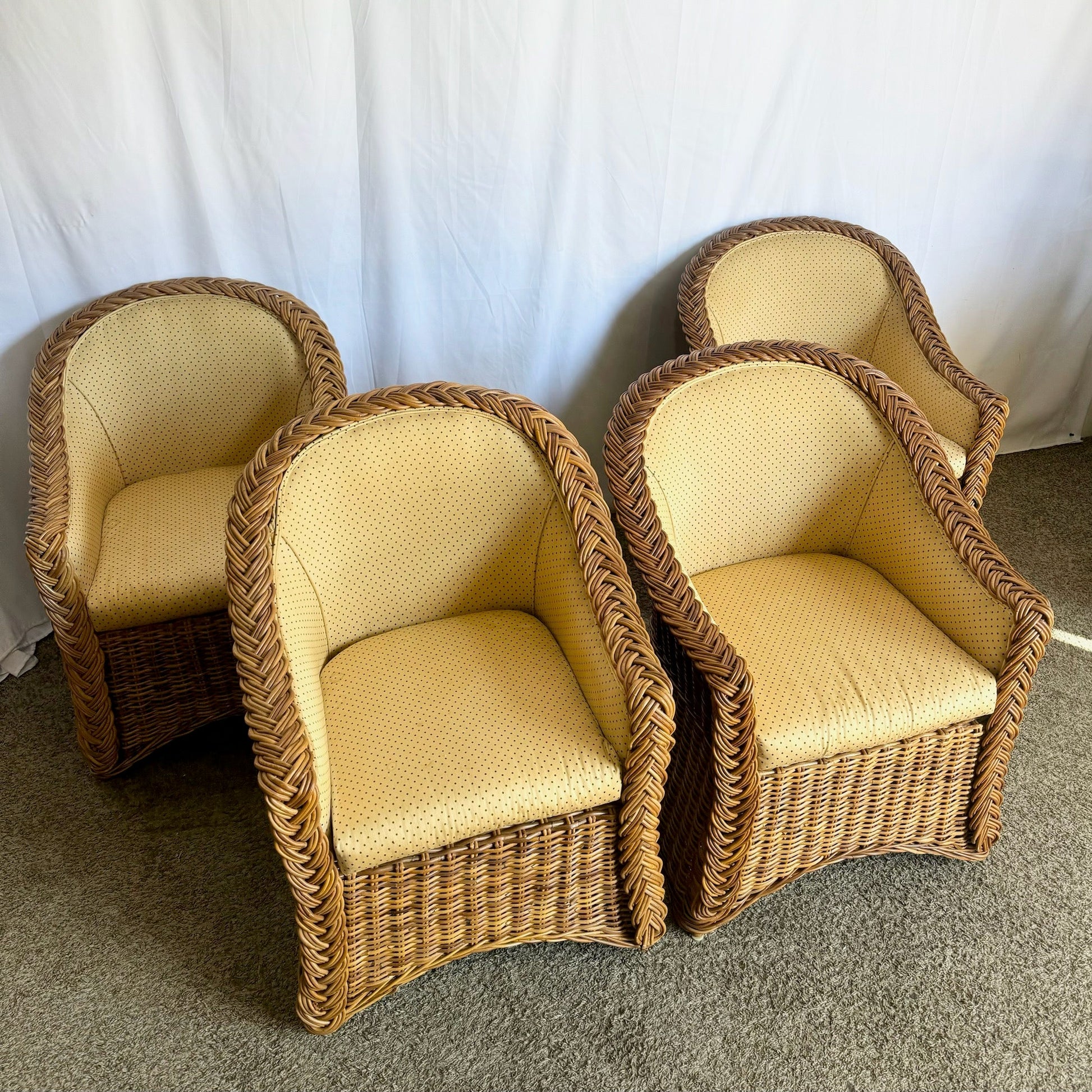 Vintage Boho Chic Woven Wicker Dining Arm Chairs - Set of 4 - Dolphin & Flamingo