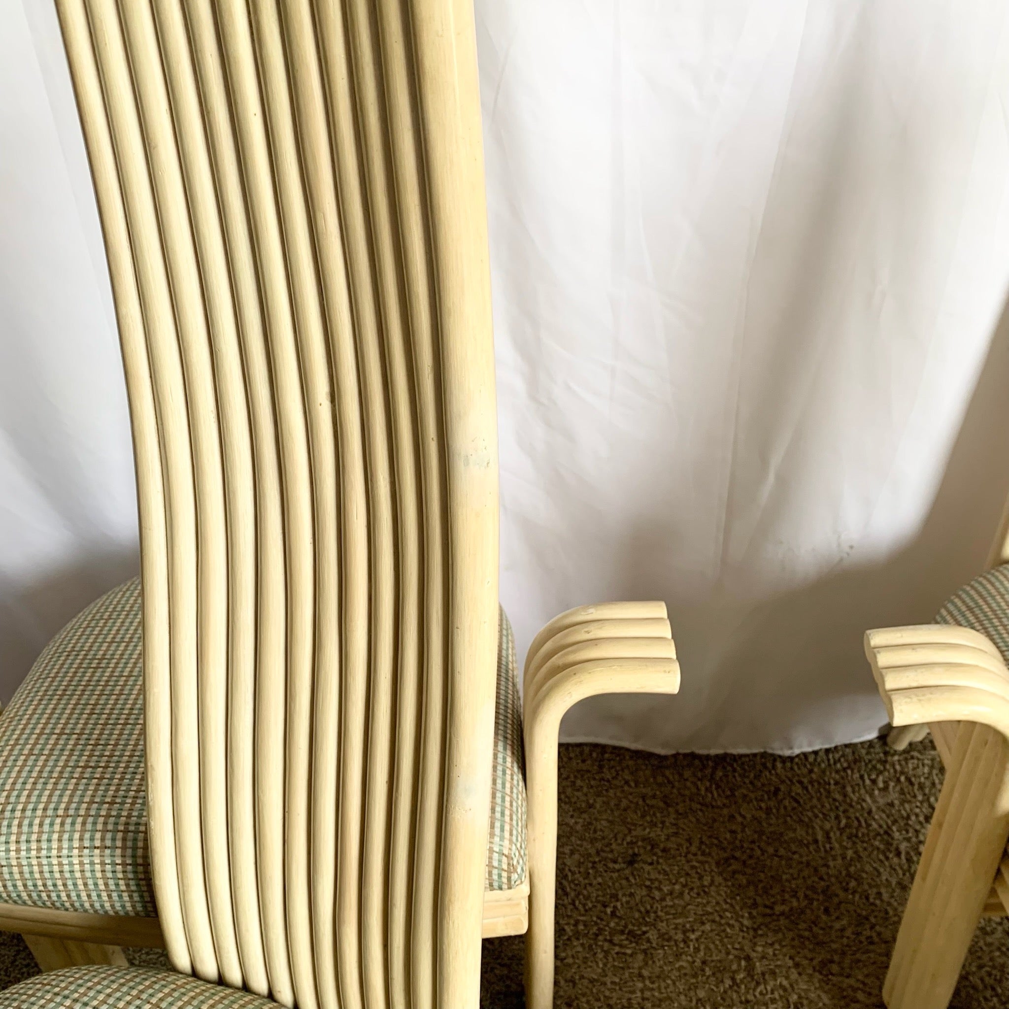 Vintage Boho Coastal Sculpted Blonde Rattan High Back Dining Arm Chairs - Set of 8 - Dolphin & Flamingo