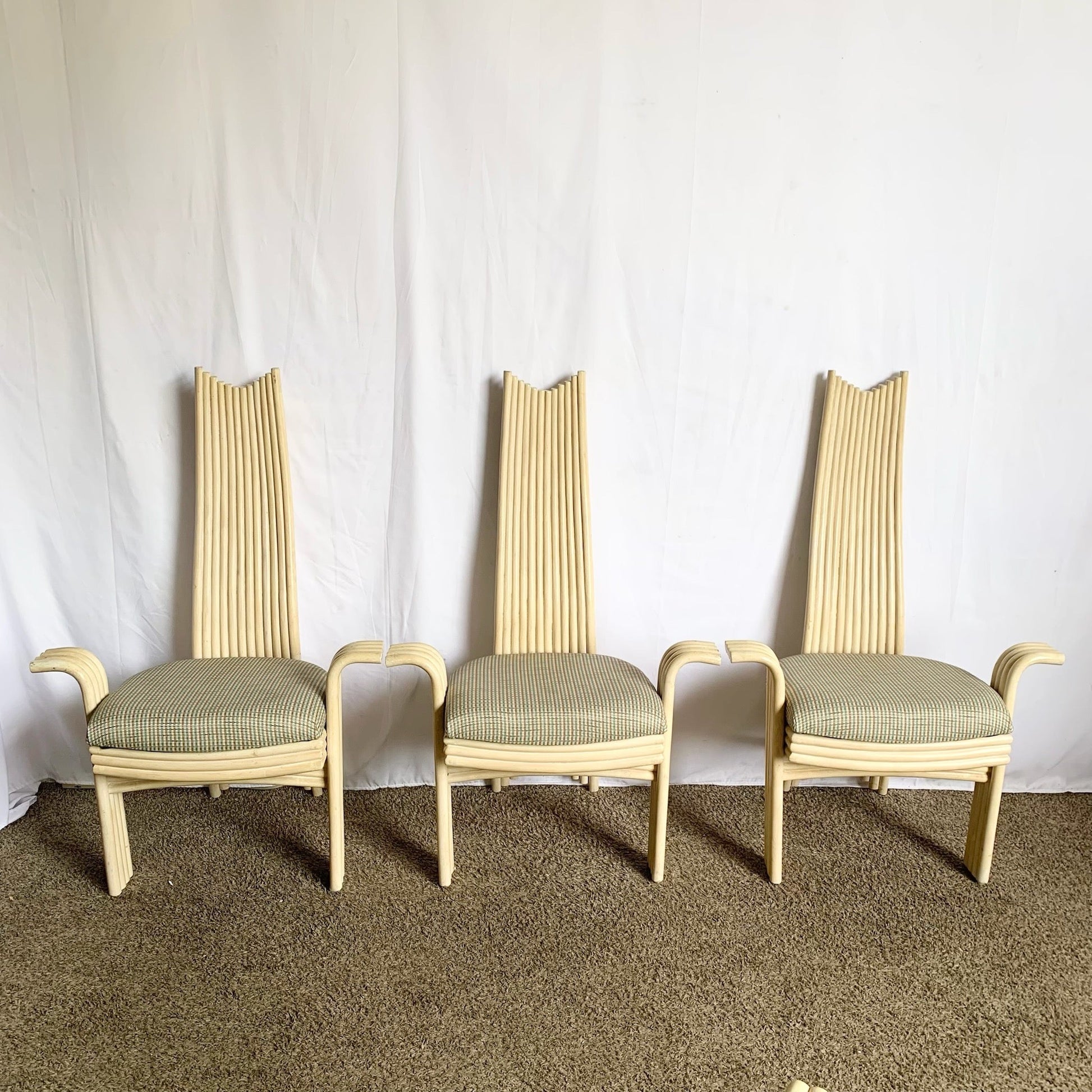 Vintage Boho Coastal Sculpted Blonde Rattan High Back Dining Arm Chairs - Set of 8 - Dolphin & Flamingo