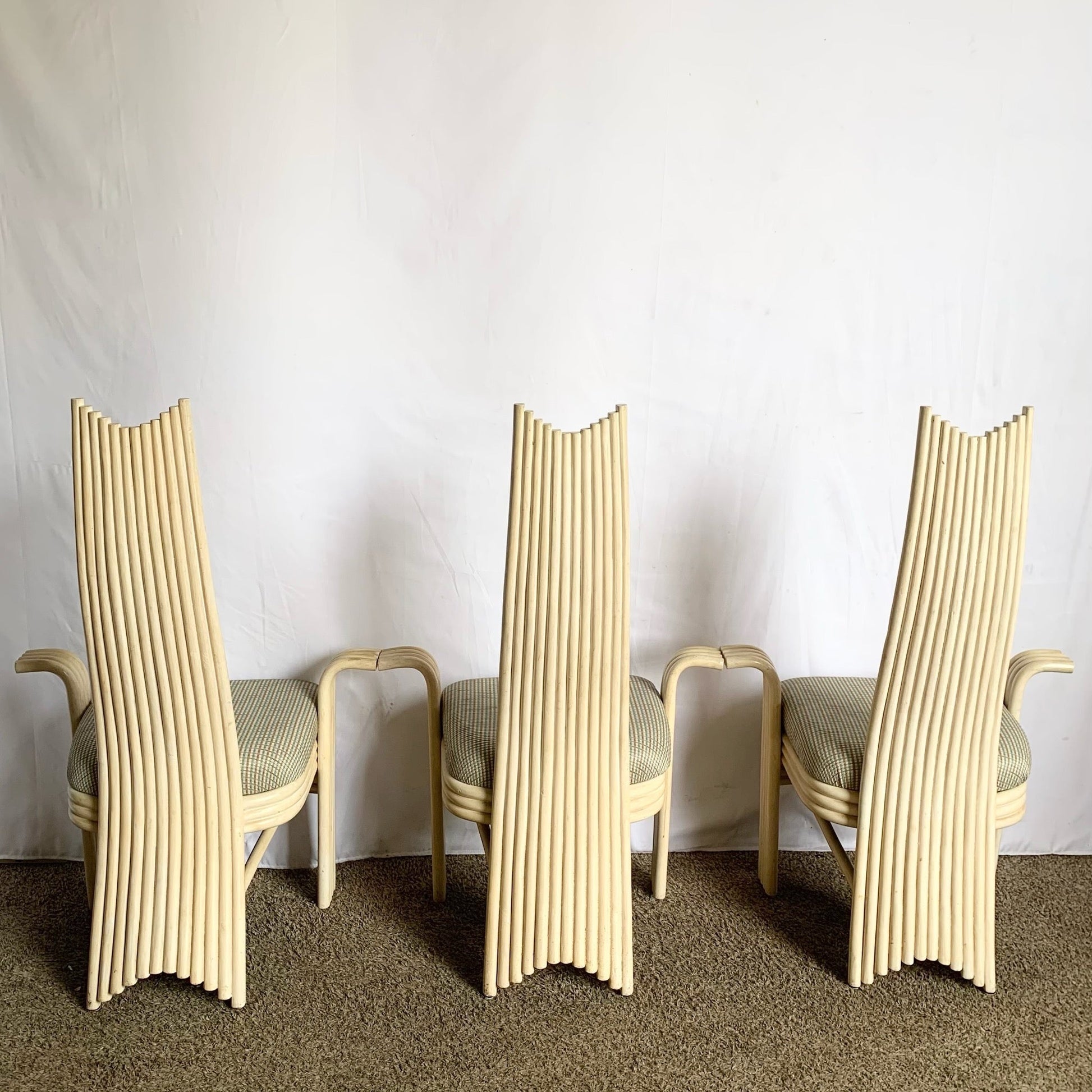 Vintage Boho Coastal Sculpted Blonde Rattan High Back Dining Arm Chairs - Set of 8 - Dolphin & Flamingo
