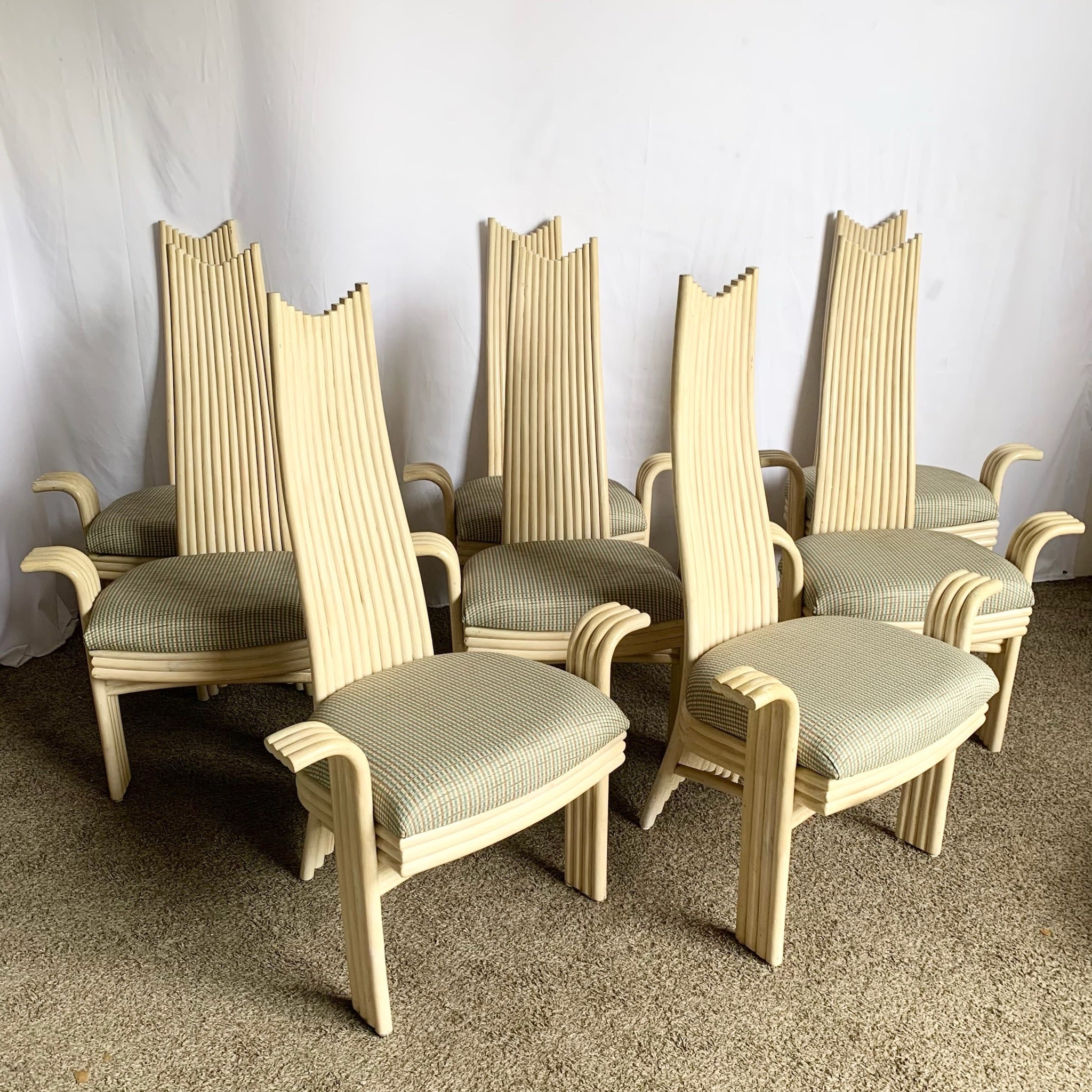 Vintage Boho Coastal Sculpted Blonde Rattan High Back Dining Arm Chairs - Set of 8 - Dolphin & Flamingo