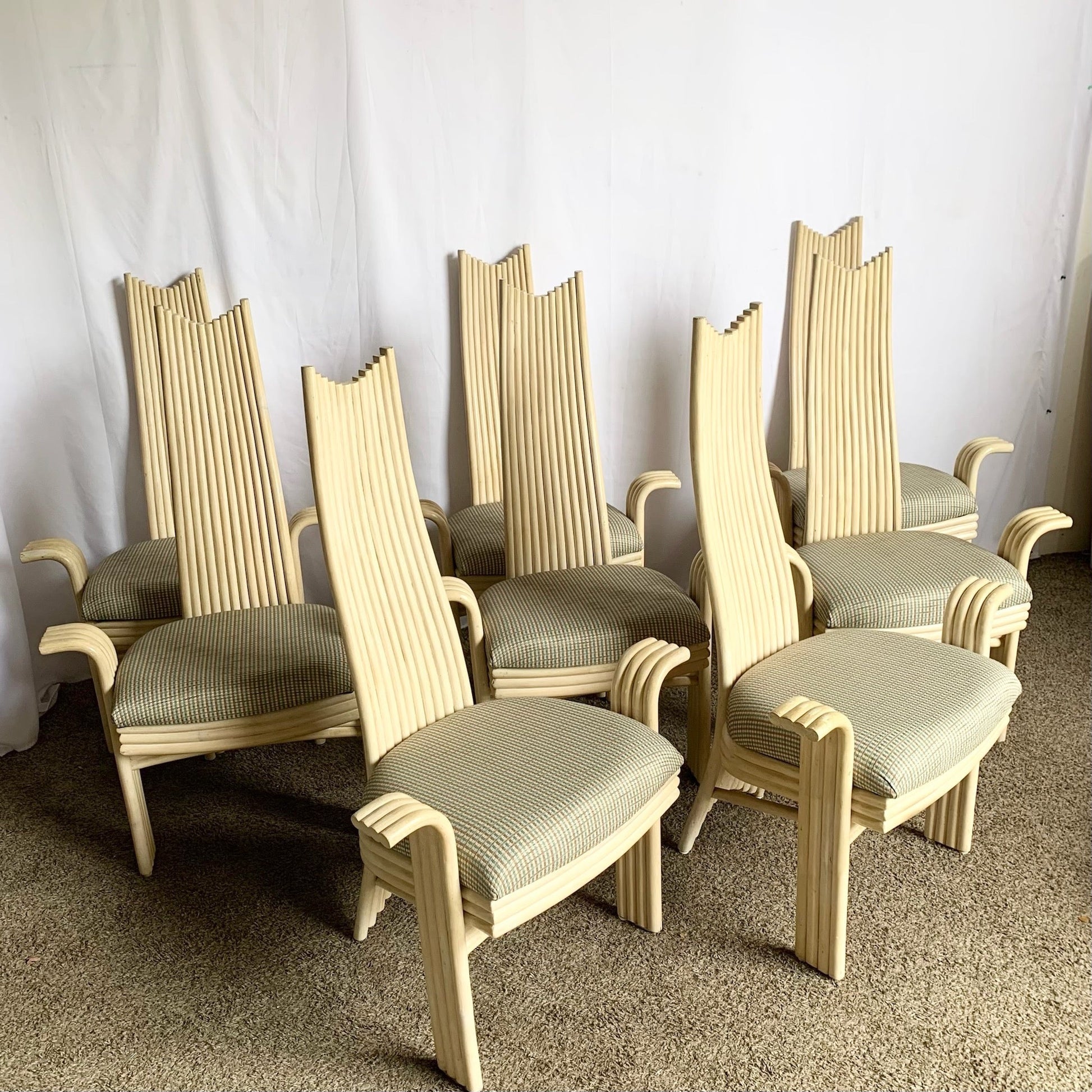Vintage Boho Coastal Sculpted Blonde Rattan High Back Dining Arm Chairs - Set of 8 - Dolphin & Flamingo