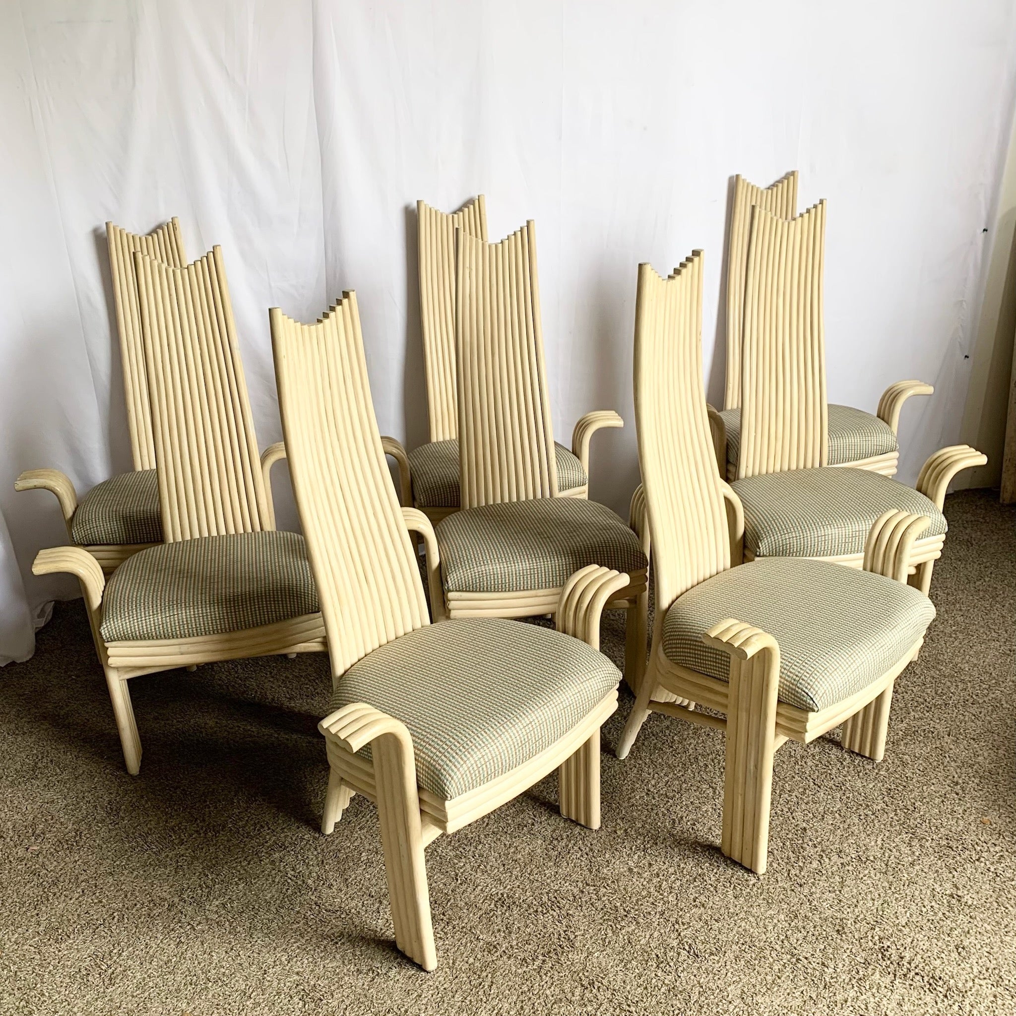 Vintage Boho Coastal Sculpted Blonde Rattan High Back Dining Arm Chairs - Set of 8 - Dolphin & Flamingo