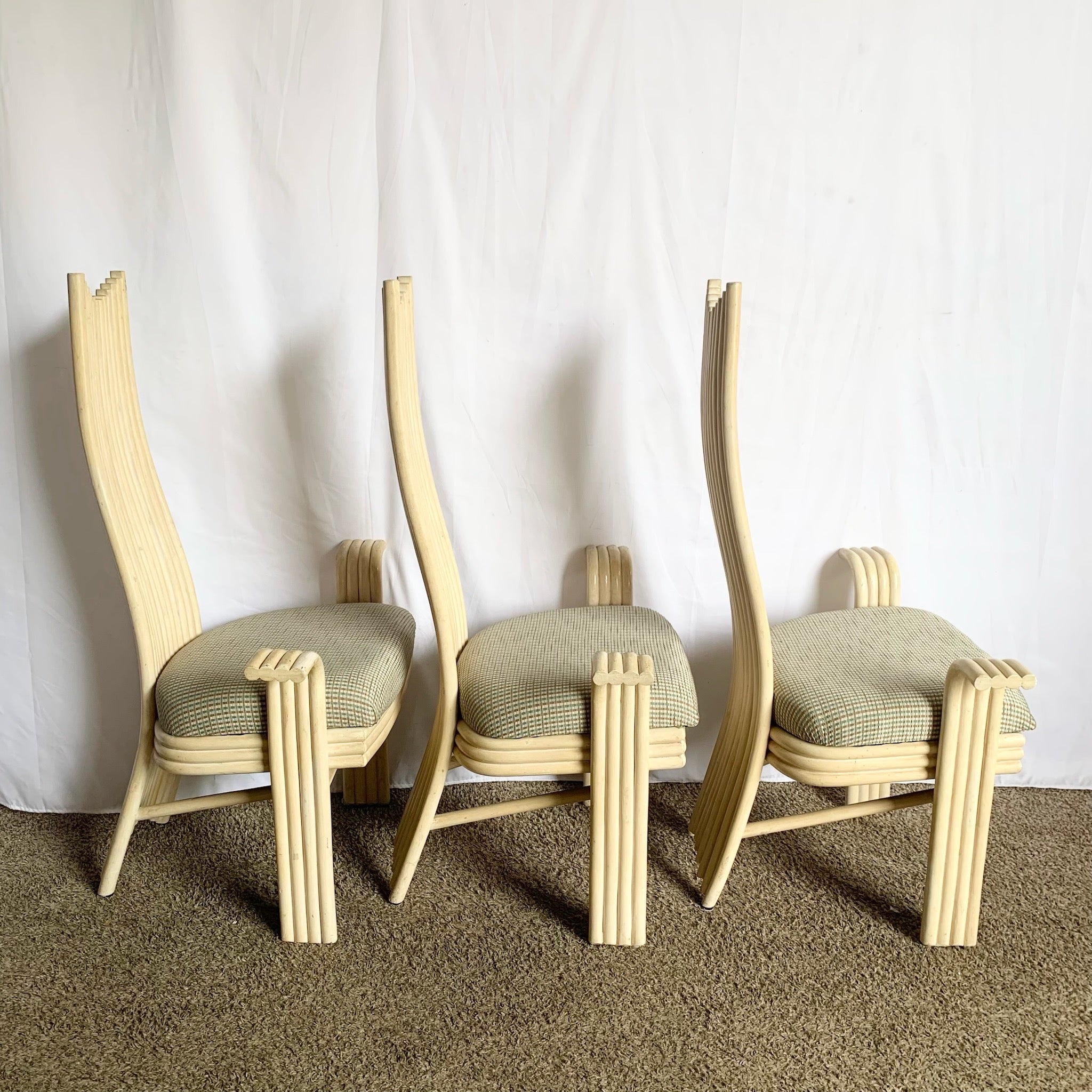 Vintage Boho Coastal Sculpted Blonde Rattan High Back Dining Arm Chairs - Set of 8 - Dolphin & Flamingo