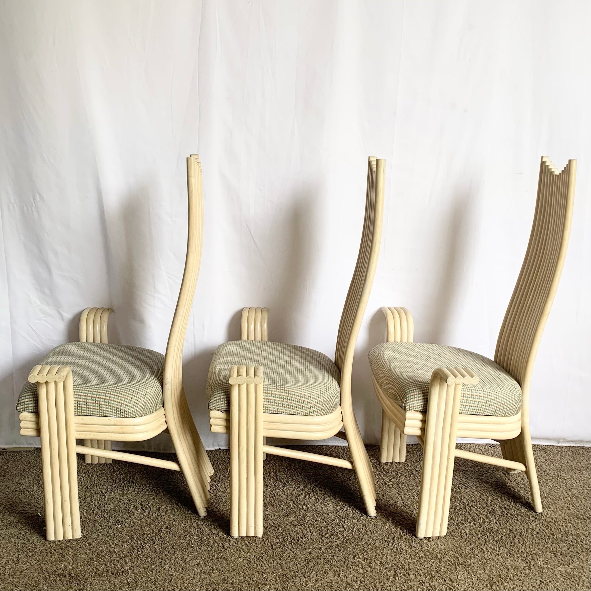 Vintage Boho Coastal Sculpted Blonde Rattan High Back Dining Arm Chairs - Set of 8 - Dolphin & Flamingo