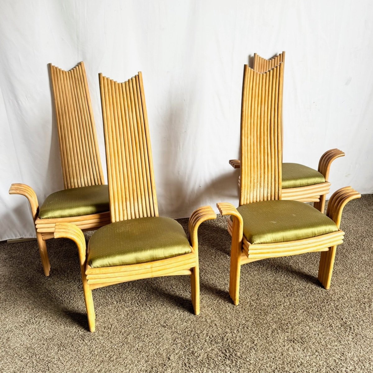 Vintage Boho Coastal Sculpted Rattan High Back Dining Arm Chairs - Set of 4 - Dolphin & Flamingo