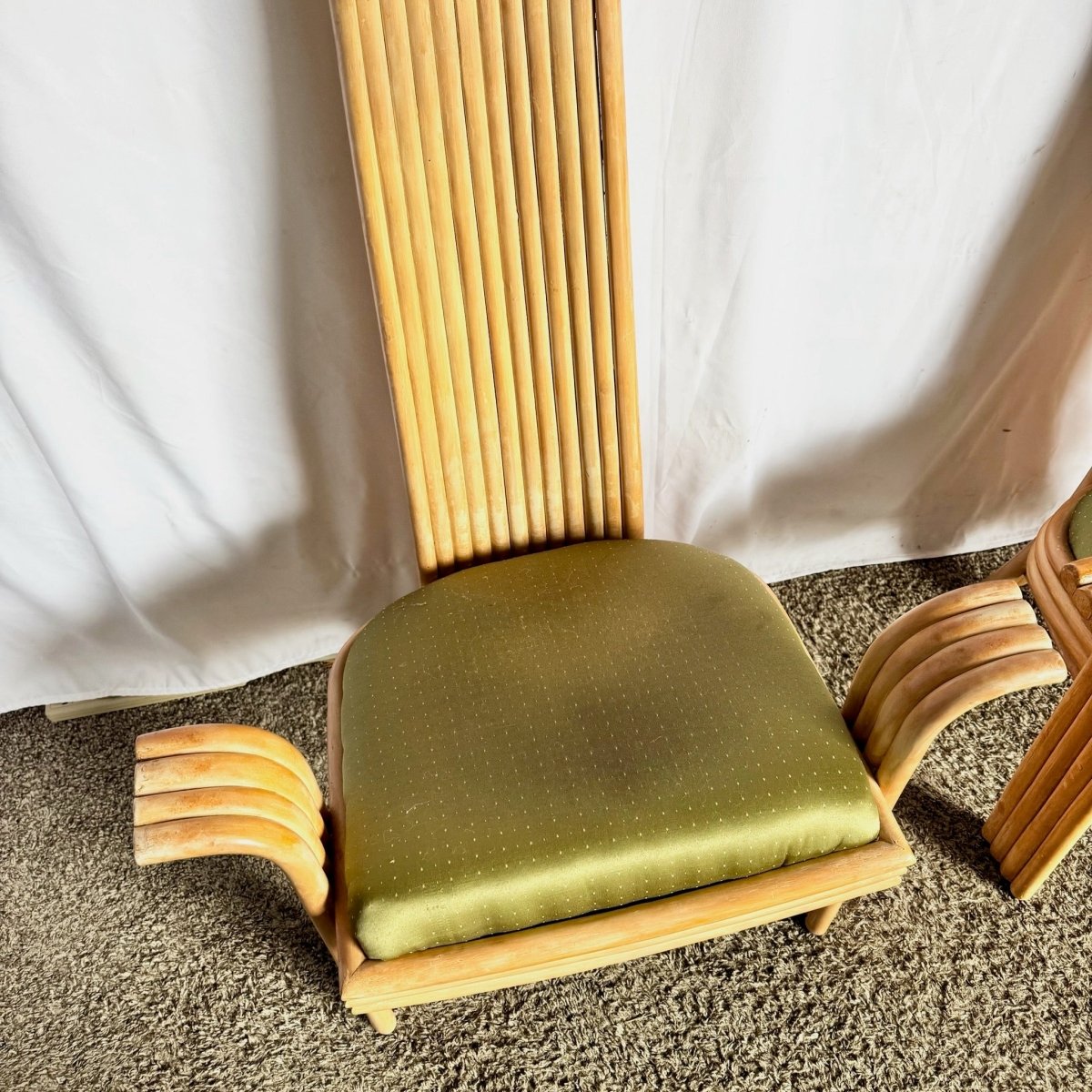 Vintage Boho Coastal Sculpted Rattan High Back Dining Arm Chairs - Set of 4 - Dolphin & Flamingo