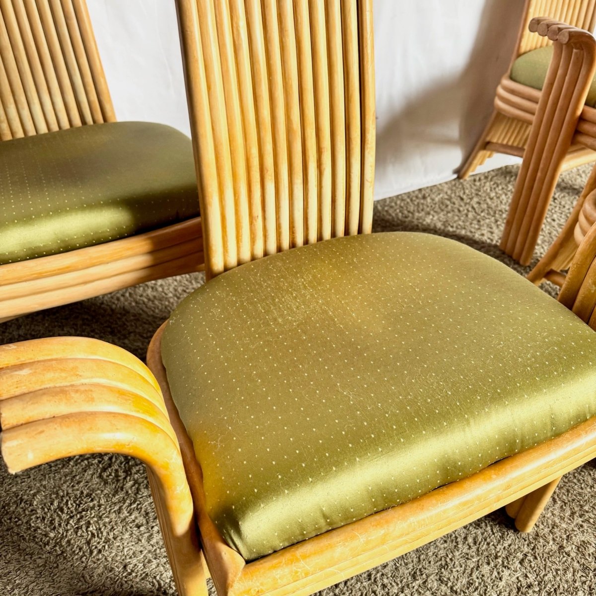 Vintage Boho Coastal Sculpted Rattan High Back Dining Arm Chairs - Set of 4 - Dolphin & Flamingo