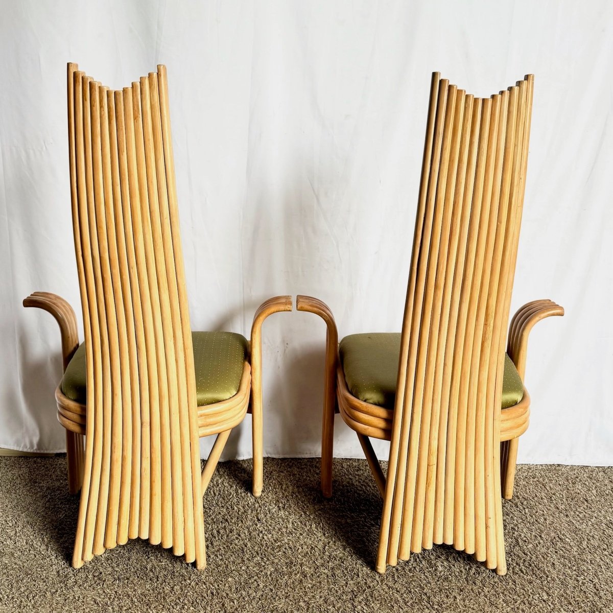 Vintage Boho Coastal Sculpted Rattan High Back Dining Arm Chairs - Set of 4 - Dolphin & Flamingo