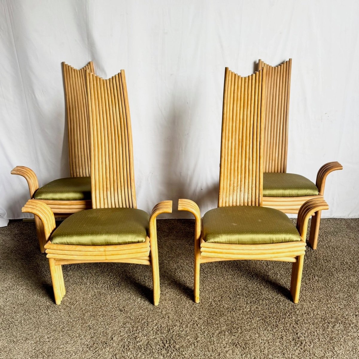 Vintage Boho Coastal Sculpted Rattan High Back Dining Arm Chairs - Set of 4 - Dolphin & Flamingo