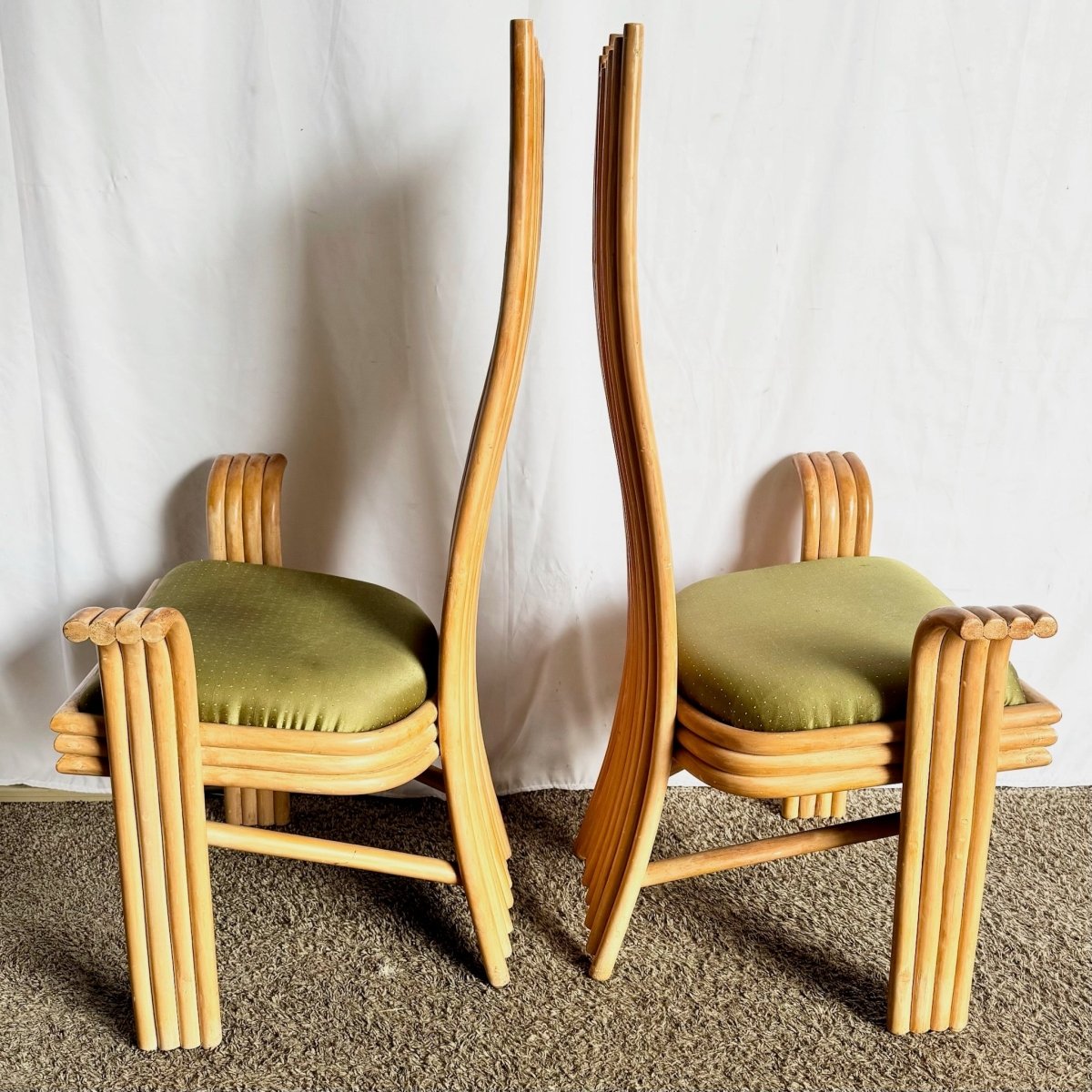 Vintage Boho Coastal Sculpted Rattan High Back Dining Arm Chairs - Set of 4 - Dolphin & Flamingo