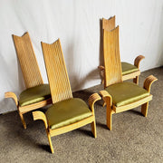 Vintage Boho Coastal Sculpted Rattan High Back Dining Arm Chairs - Set of 4 - Dolphin & Flamingo