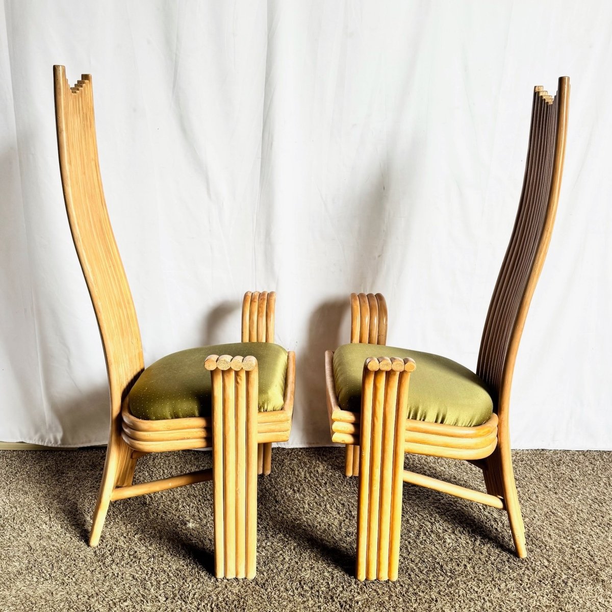 Vintage Boho Coastal Sculpted Rattan High Back Dining Arm Chairs - Set of 4 - Dolphin & Flamingo