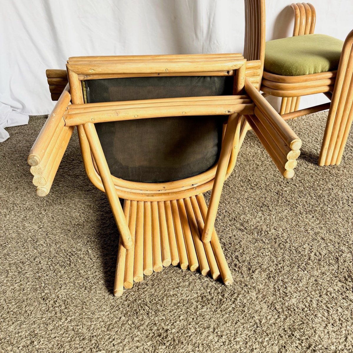 Vintage Boho Coastal Sculpted Rattan High Back Dining Arm Chairs - Set of 4 - Dolphin & Flamingo