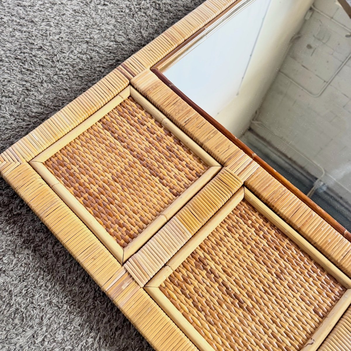 Vintage Boho Coastal Wicker Paneled Wall Mirror - Dolphin & Flamingo