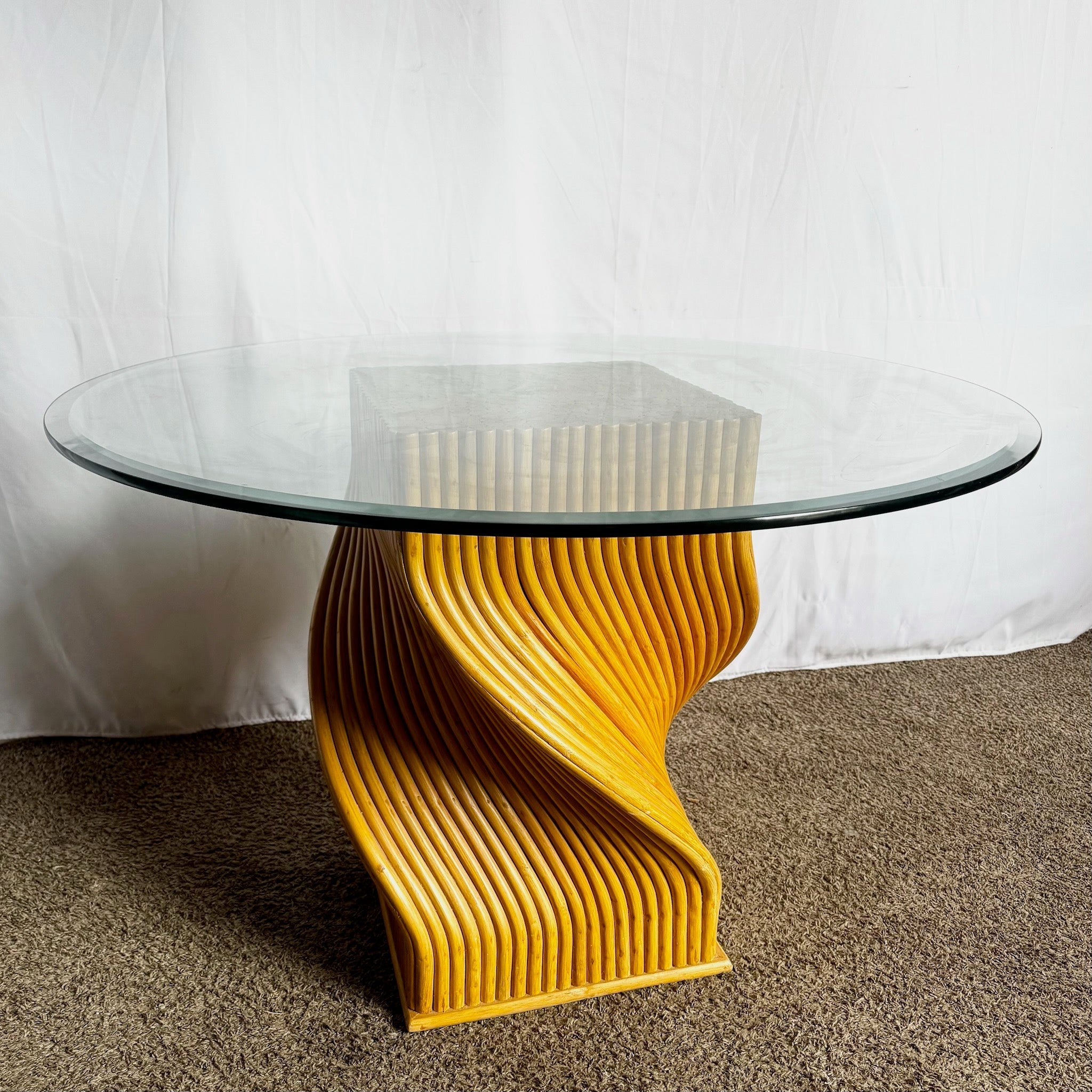 Vintage Boho Twisted Rattan Glass Top Dining Table, McGuire Style - Dolphin & Flamingo