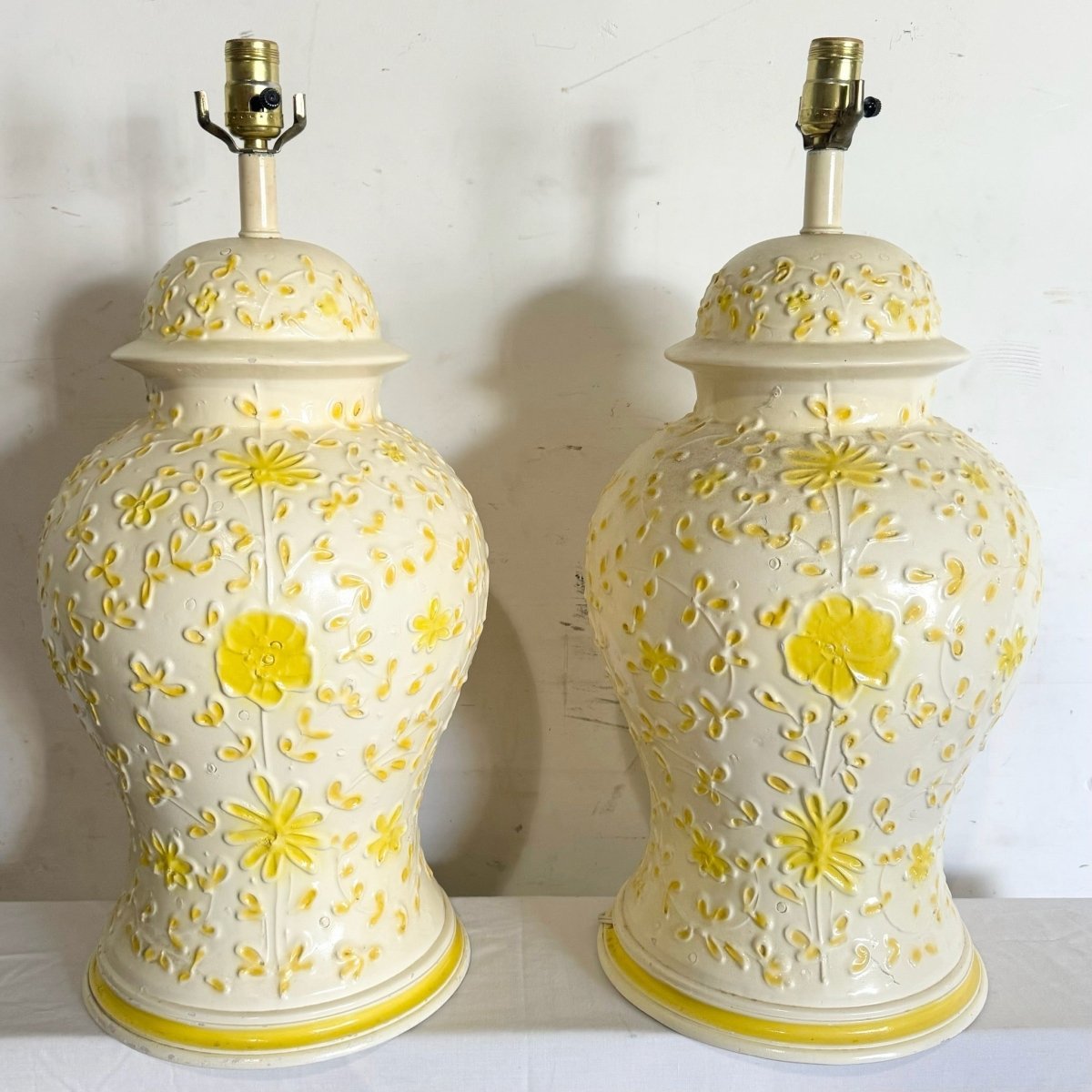 Vintage Boho Yellow Floral Table Lamps - a Pair - Dolphin & Flamingo