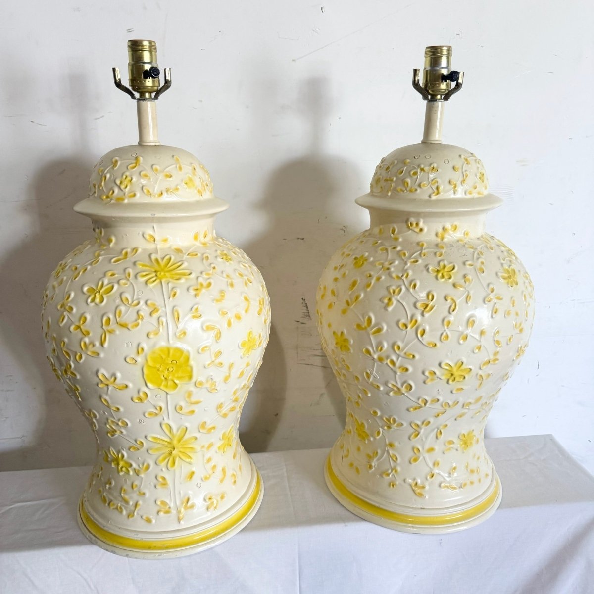 Vintage Boho Yellow Floral Table Lamps - a Pair - Dolphin & Flamingo