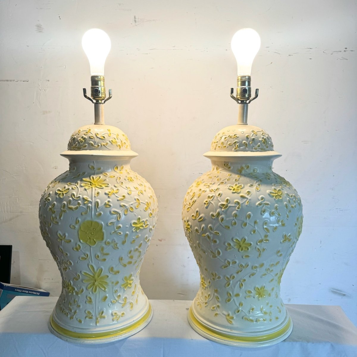 Vintage Boho Yellow Floral Table Lamps - a Pair - Dolphin & Flamingo
