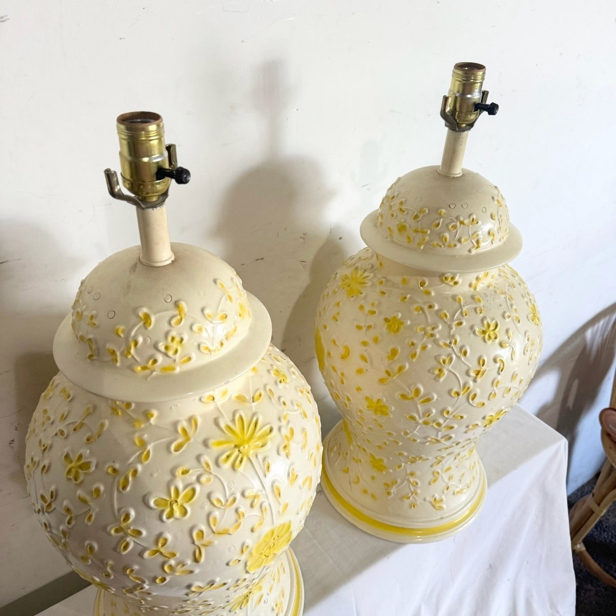 Vintage Boho Yellow Floral Table Lamps - a Pair - Dolphin & Flamingo
