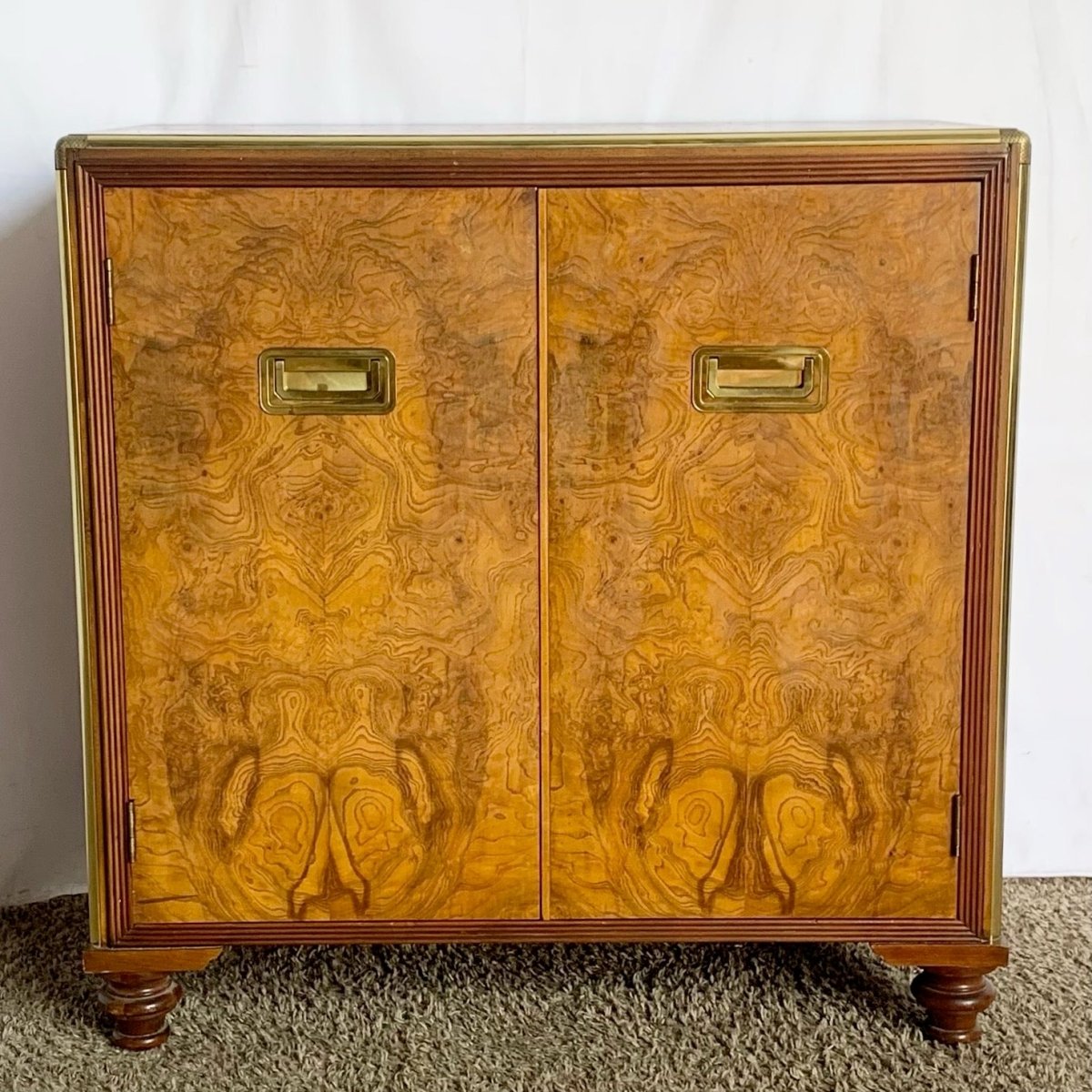 Vintage Burlwood and Brass Campaign Cabinet by Baker - Dolphin & Flamingo