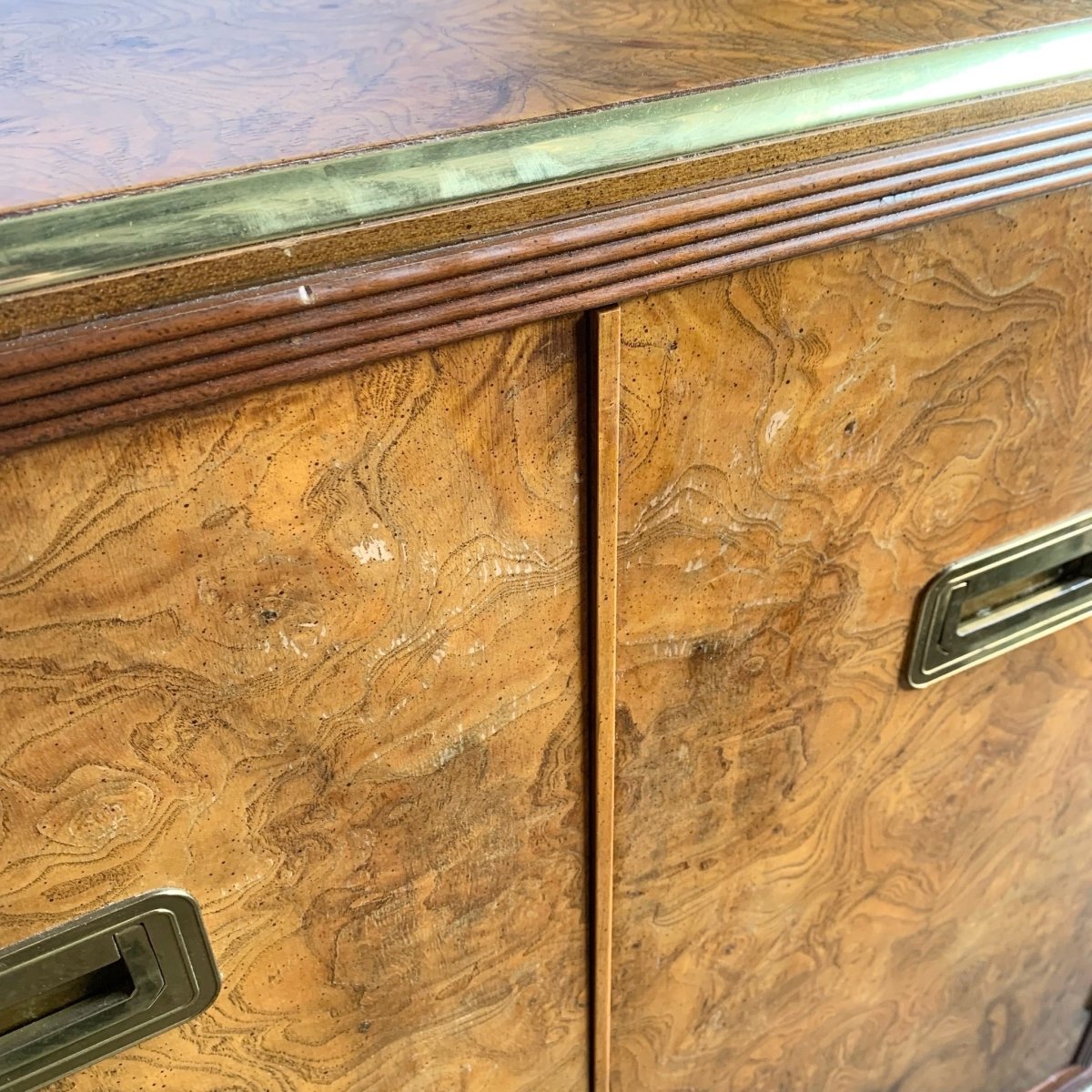 Vintage Burlwood and Brass Campaign Cabinet by Baker - Dolphin & Flamingo