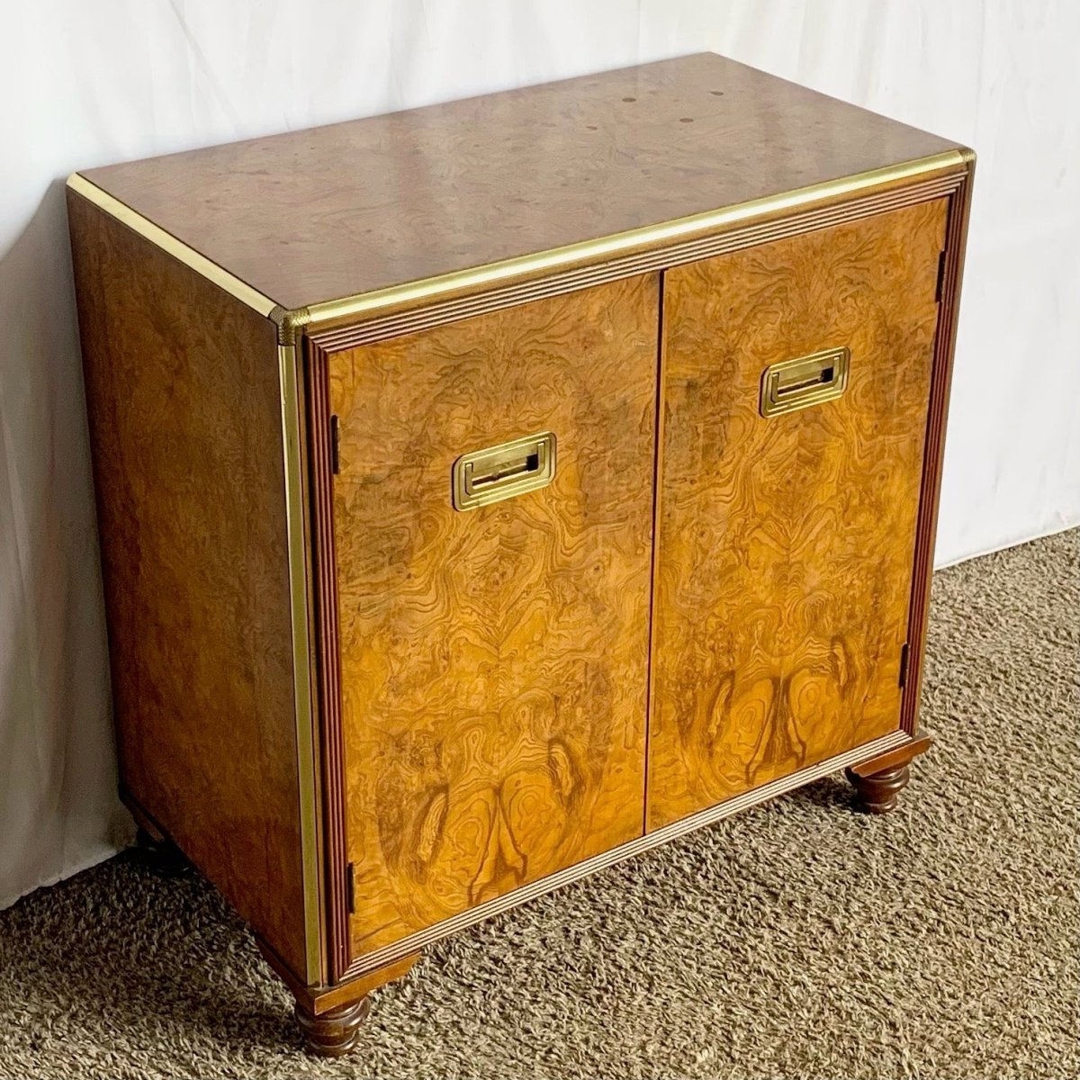 Vintage Burlwood and Brass Campaign Cabinet by Baker - Dolphin & Flamingo