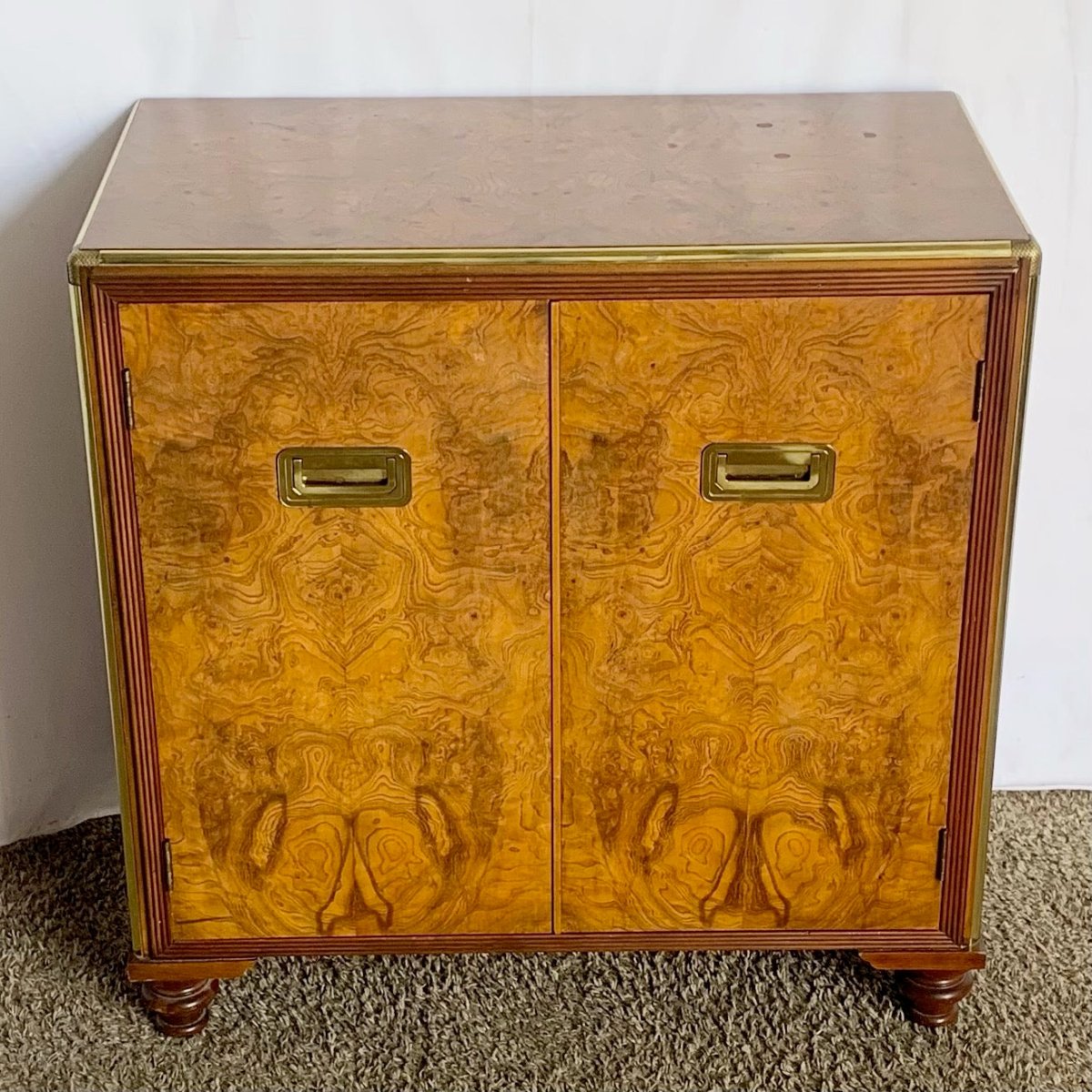 Vintage Burlwood and Brass Campaign Cabinet by Baker - Dolphin & Flamingo
