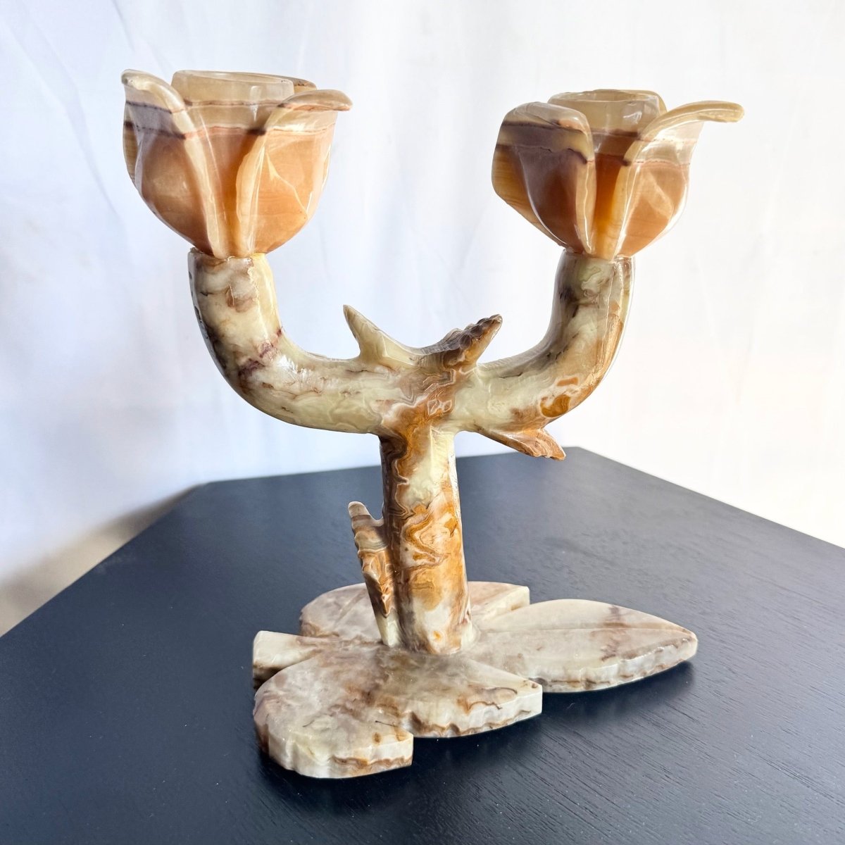 Vintage Carved Green Onyx Candelabra/Candle Holder - Dolphin & Flamingo
