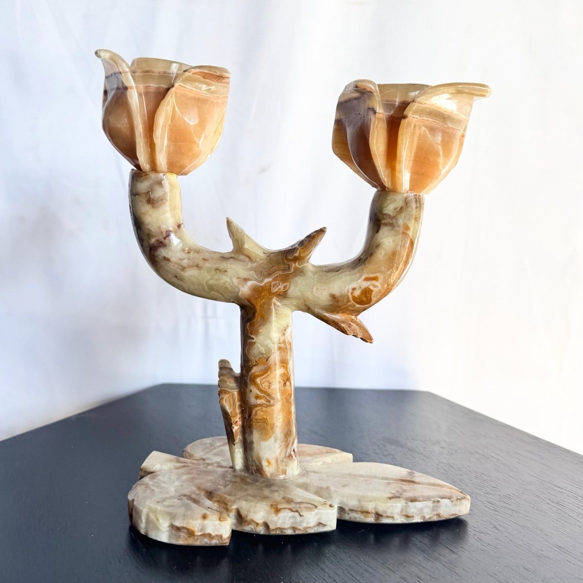 Vintage Carved Green Onyx Candelabra/Candle Holder - Dolphin & Flamingo