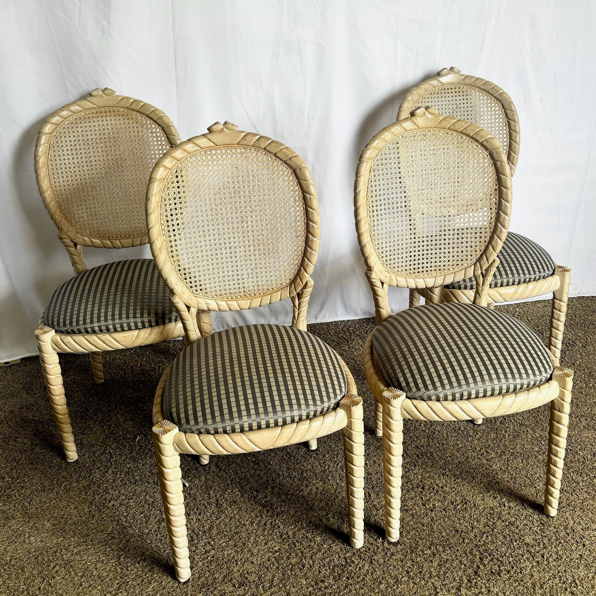 Vintage Carved Rope Twist Louis XVI Dining Chairs With Cane Backs - Set of 4 - Dolphin & Flamingo