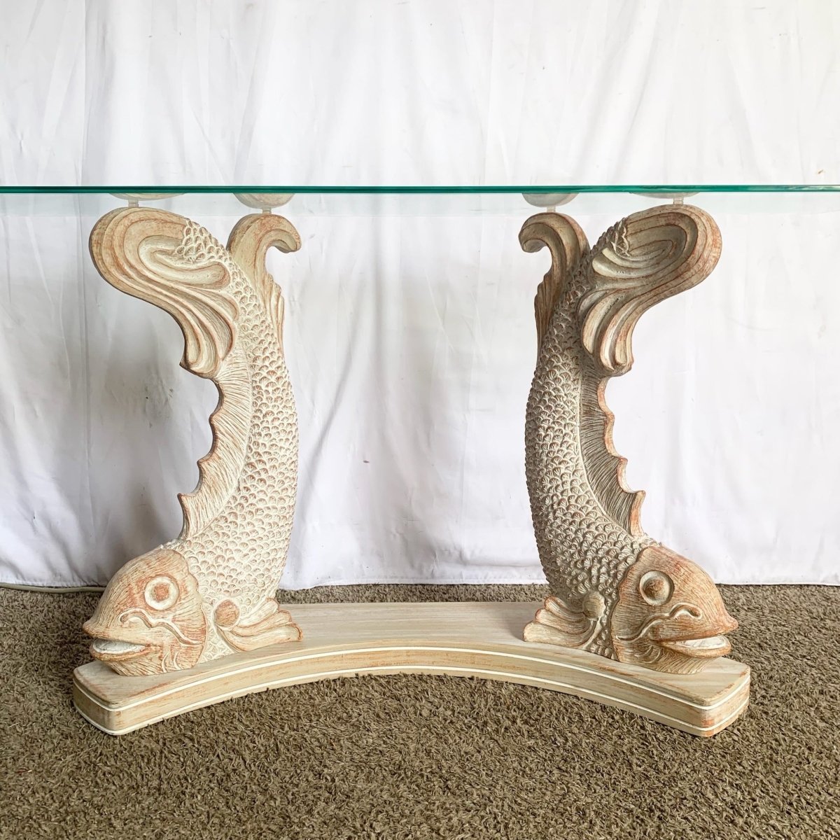 Vintage Carved Wooden Koi Fish Glass Top Console Table - Dolphin & Flamingo