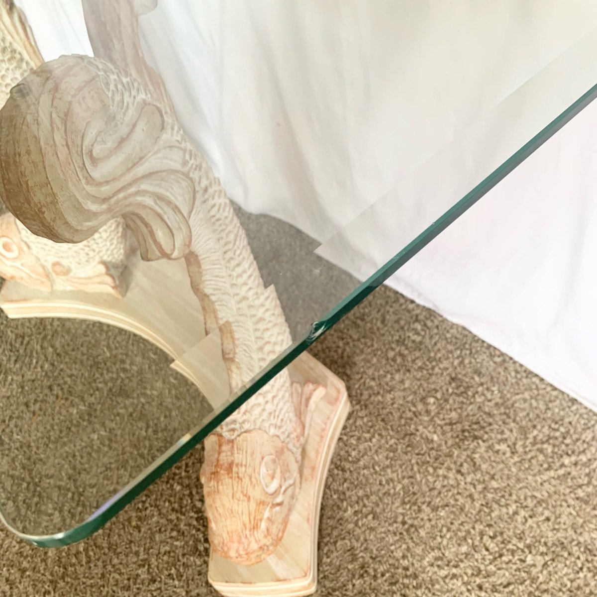 Vintage Carved Wooden Koi Fish Glass Top Console Table - Dolphin & Flamingo