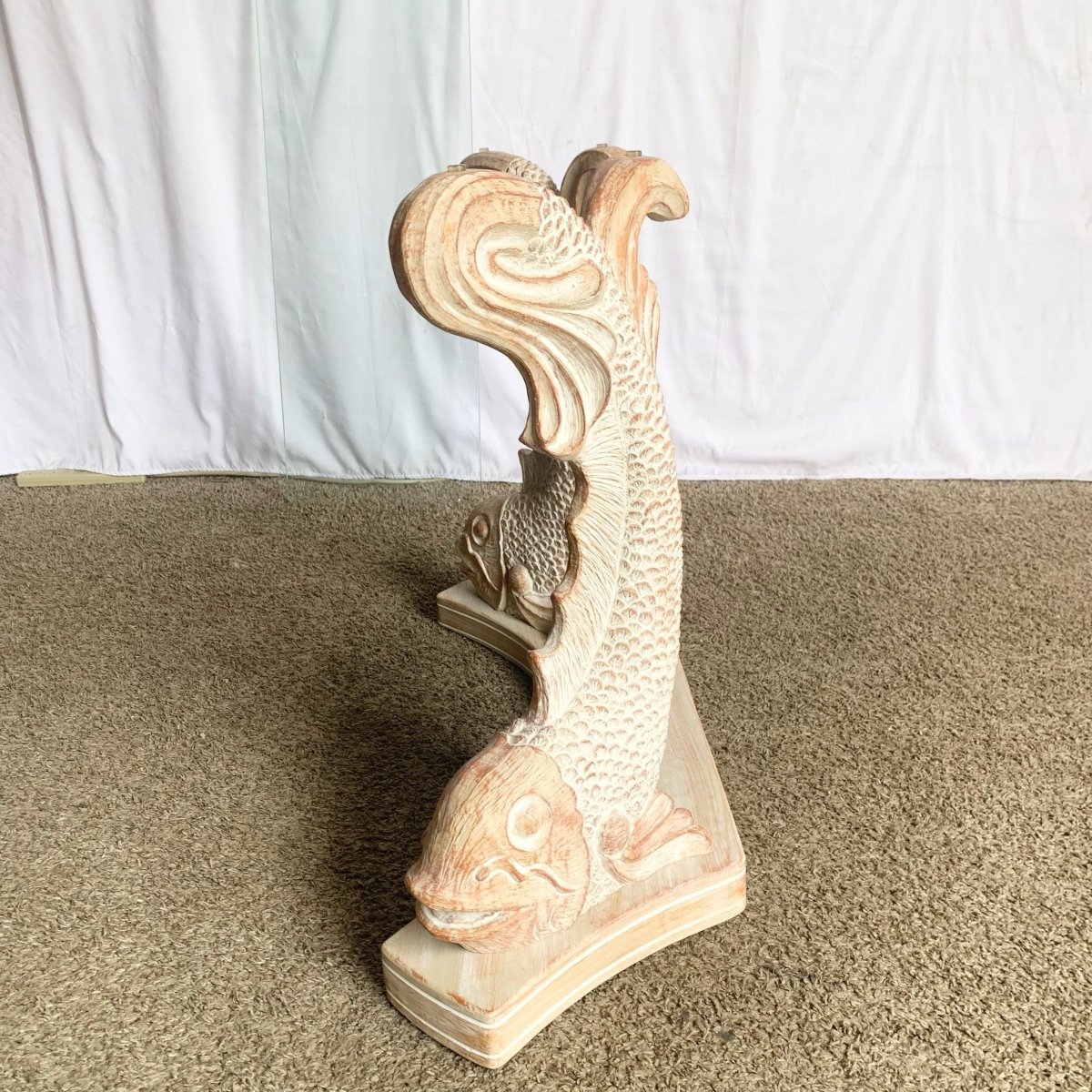 Vintage Carved Wooden Koi Fish Glass Top Console Table - Dolphin & Flamingo
