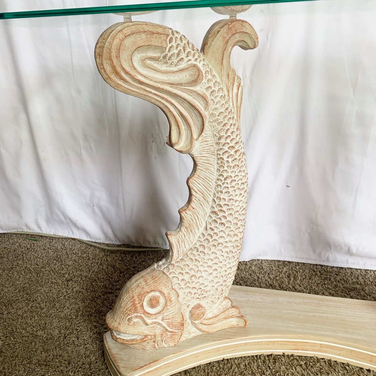Vintage Carved Wooden Koi Fish Glass Top Console Table - Dolphin & Flamingo