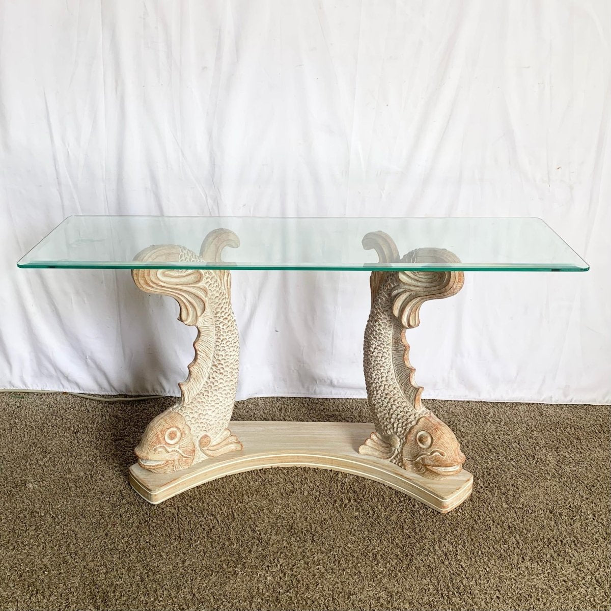 Vintage Carved Wooden Koi Fish Glass Top Console Table - Dolphin & Flamingo