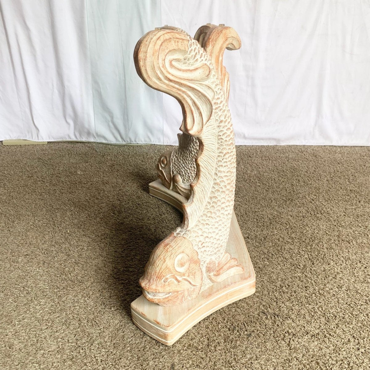 Vintage Carved Wooden Koi Fish Glass Top Console Table - Dolphin & Flamingo