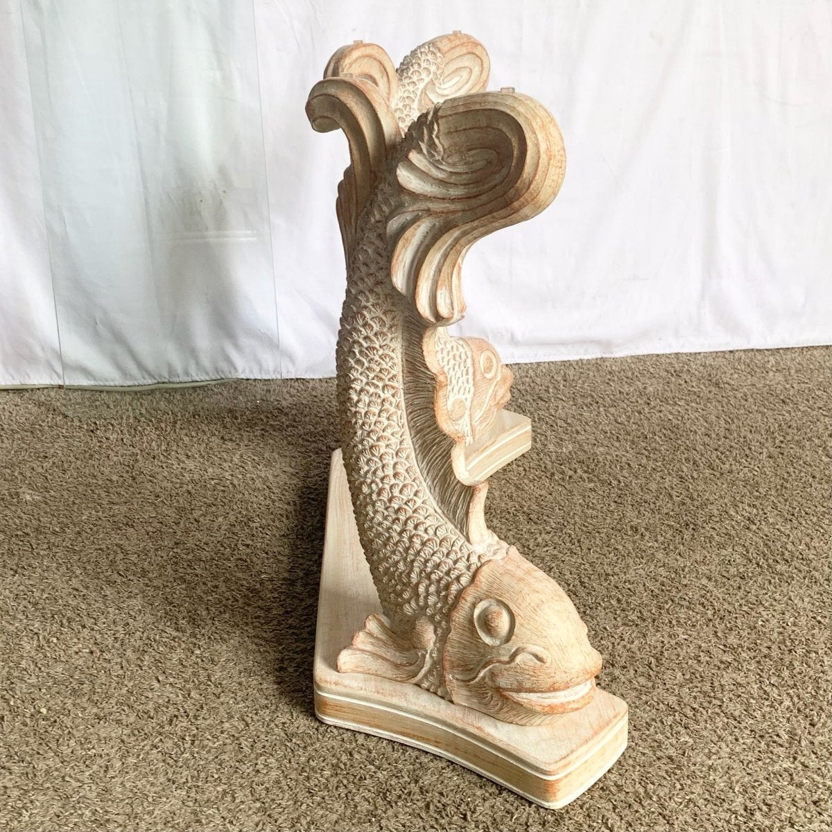 Vintage Carved Wooden Koi Fish Glass Top Console Table - Dolphin & Flamingo