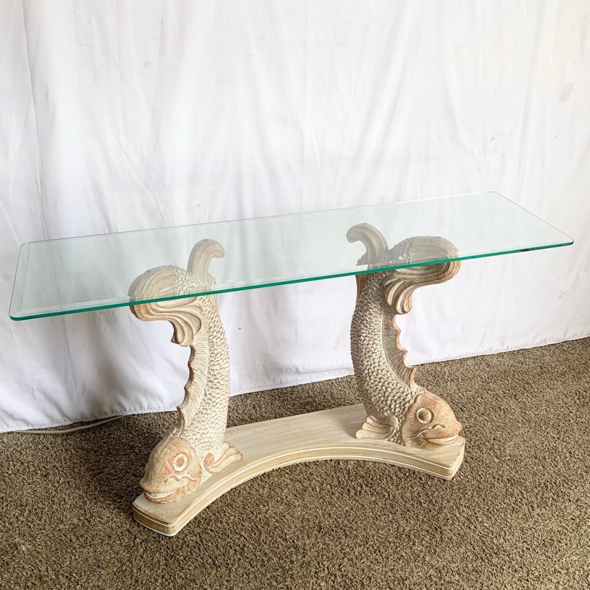 Vintage Carved Wooden Koi Fish Glass Top Console Table - Dolphin & Flamingo