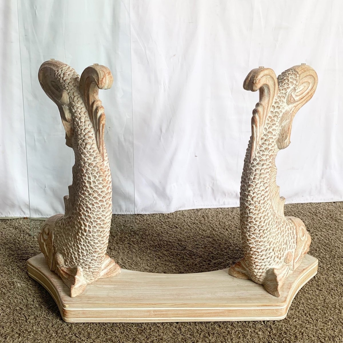 Vintage Carved Wooden Koi Fish Glass Top Console Table - Dolphin & Flamingo