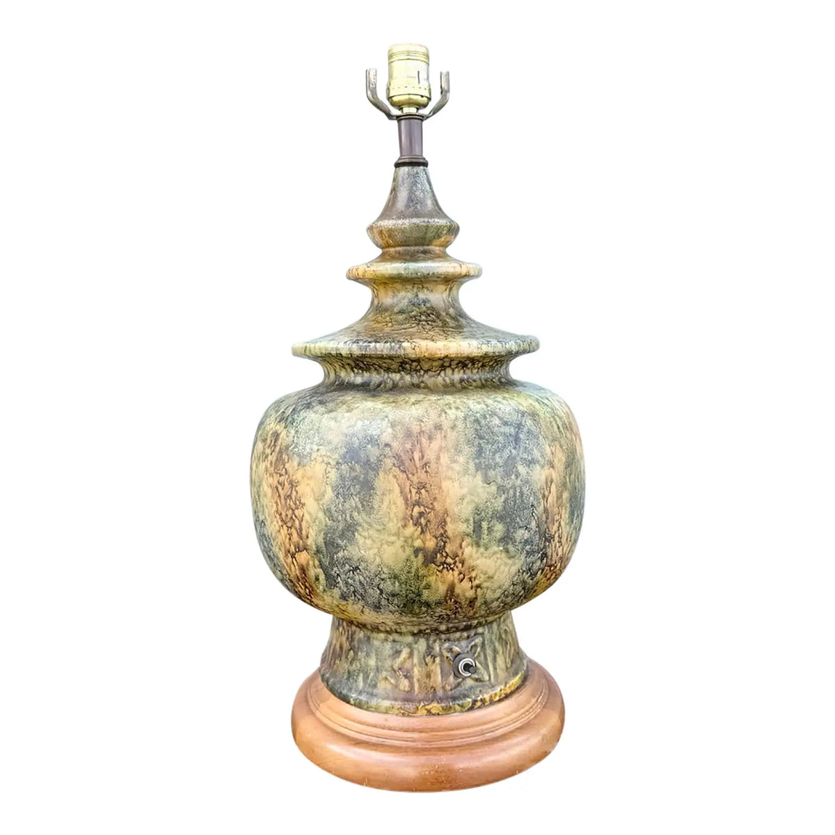 Vintage Ceramic and Wood Olive Green Earth-Tone Table Lamp